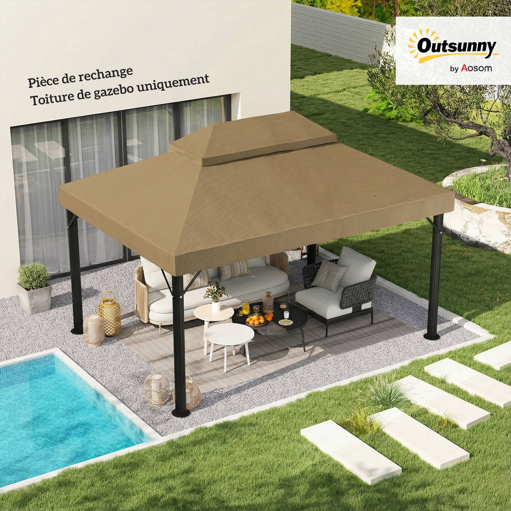 Toile de rechange pour pavillon toile de tonnelle 4 x 3 m, double toit avec trous de drainage, polyester 370 g/m², beige - Image 3