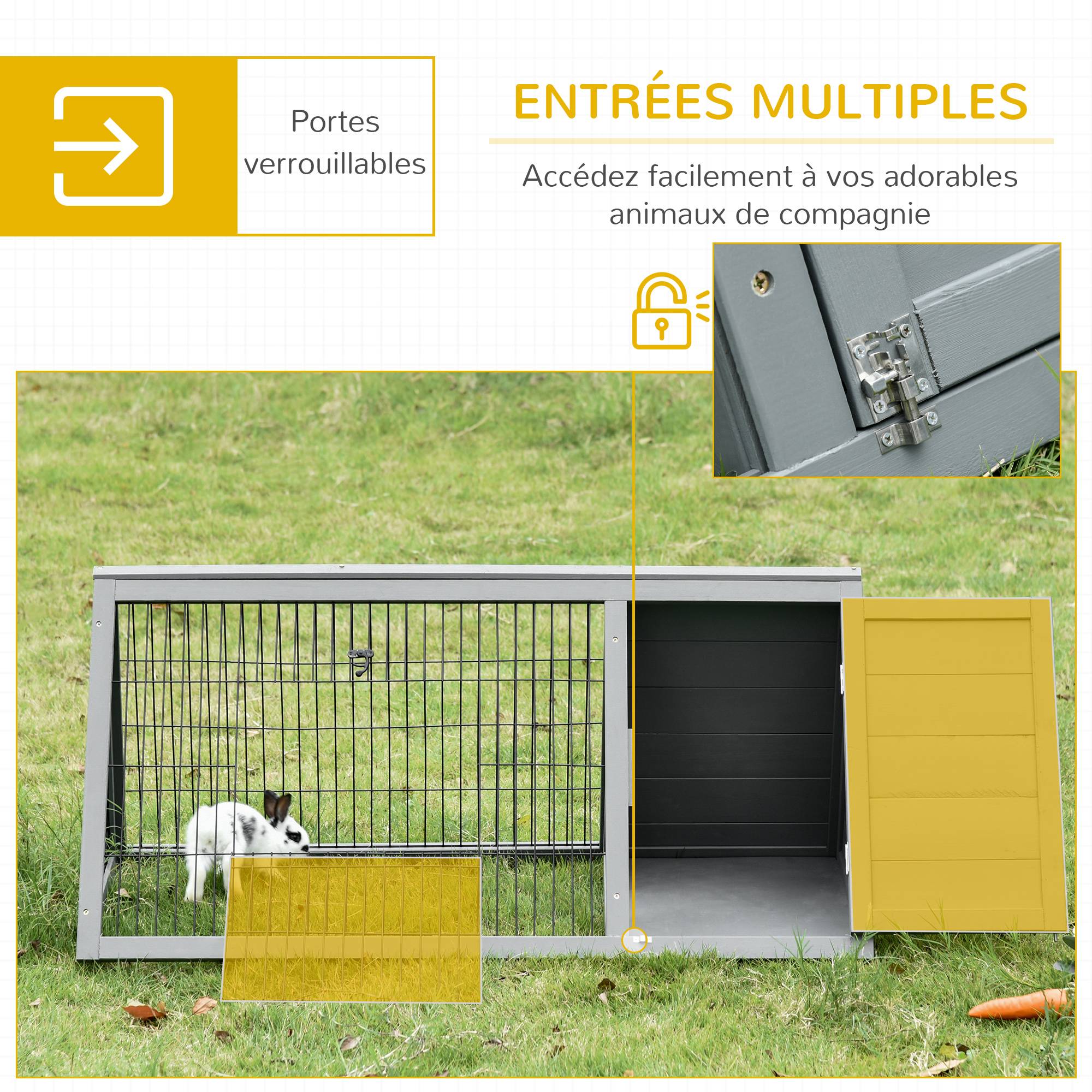 Enclos triangulaire sol, niche double porte, lapins/poules/tortue, 116x62,2x52,5 cm, pin massif, gris - Image 7