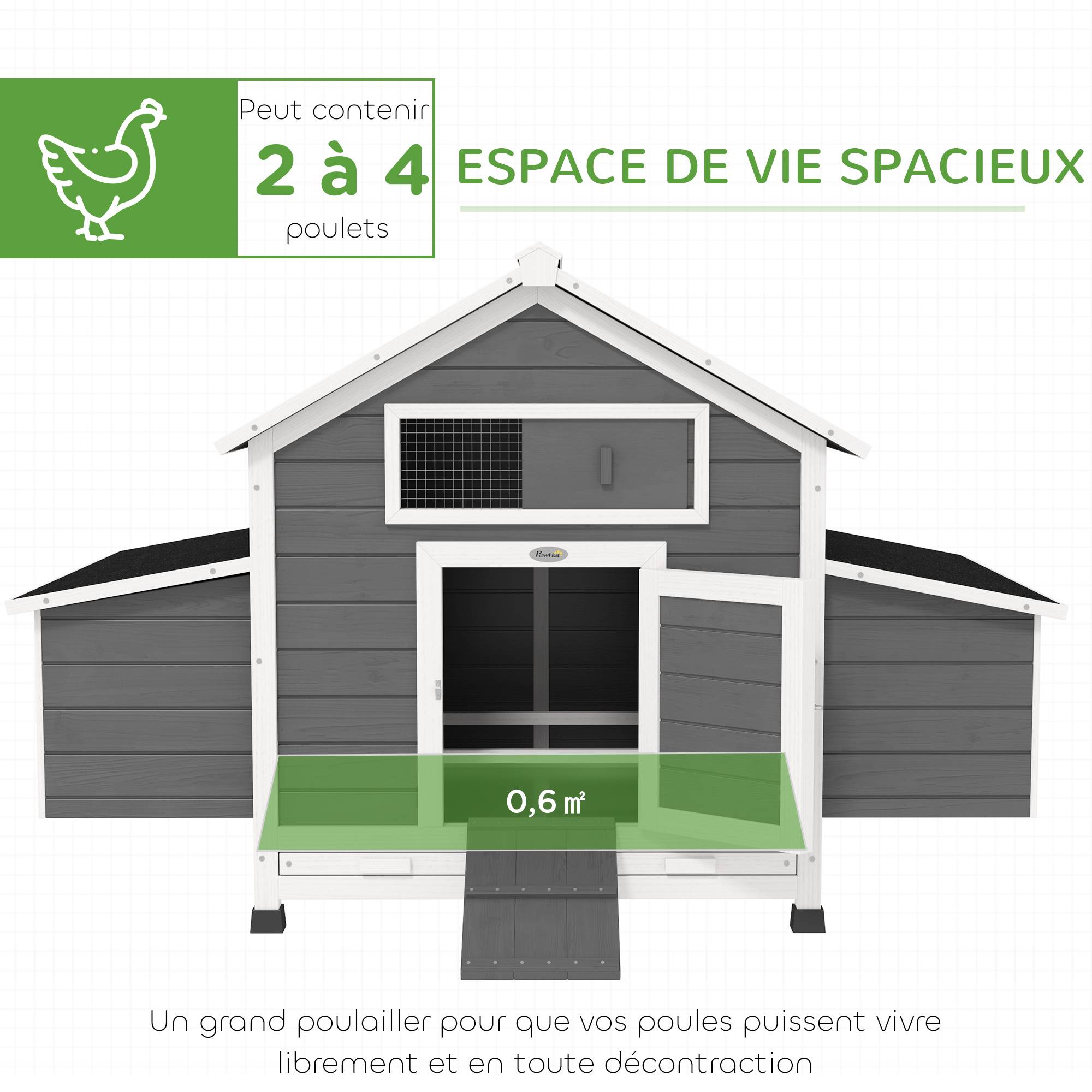 Poulailler extérieur bois sapin 2-4 poules double pondoir tiroir amovible 150x100x96cm gris - ComfortXL Outdoor Living - Image 6