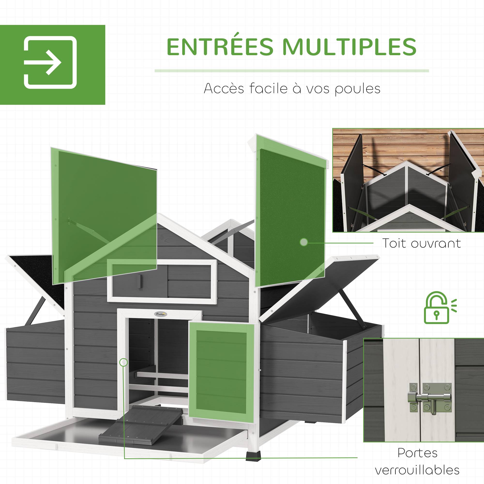 Poulailler extérieur bois sapin 2-4 poules double pondoir tiroir amovible 150x100x96cm gris - ComfortXL Outdoor Living - Image 7