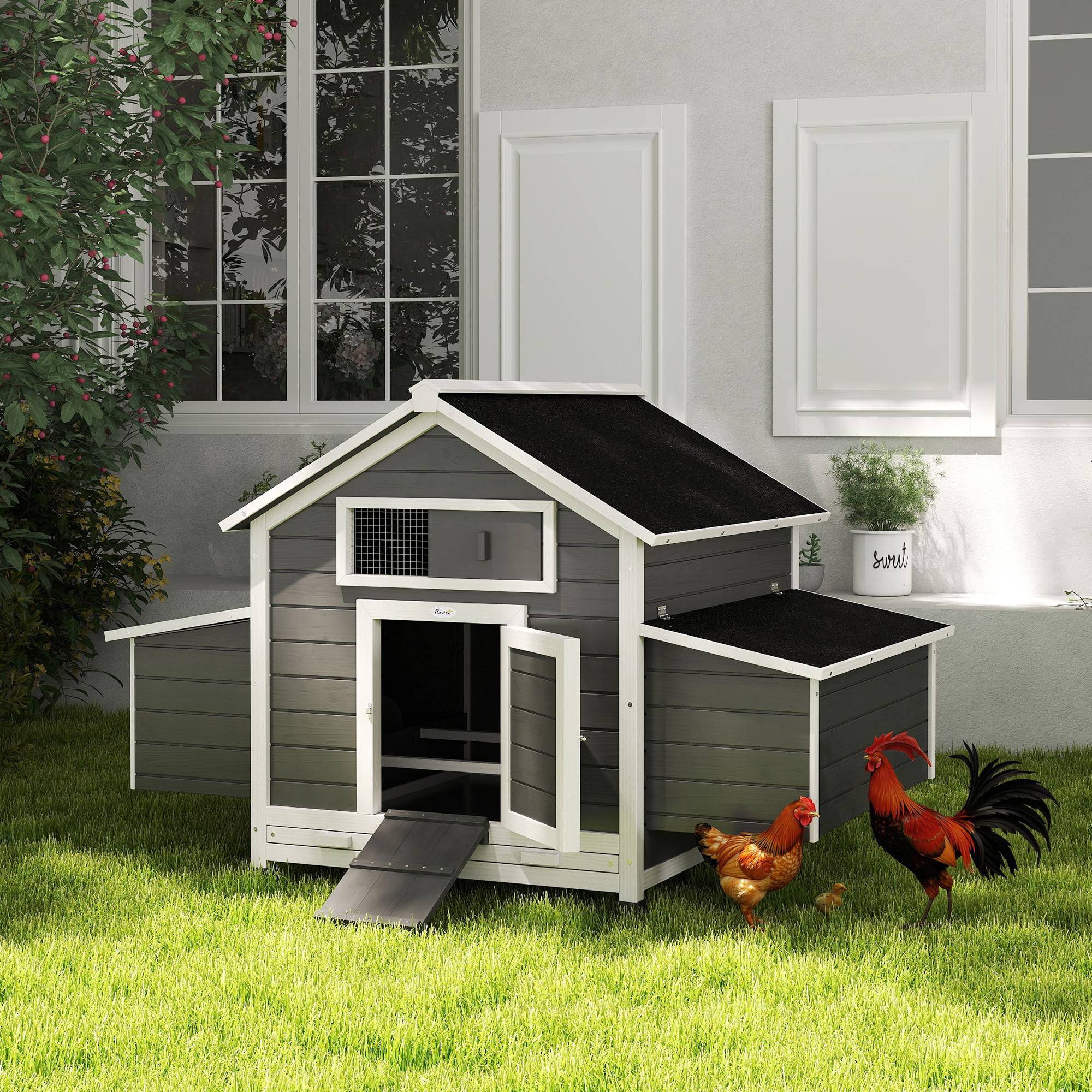 Poulailler extérieur bois sapin 2-4 poules double pondoir tiroir amovible 150x100x96cm gris - ComfortXL Outdoor Living - Image 4