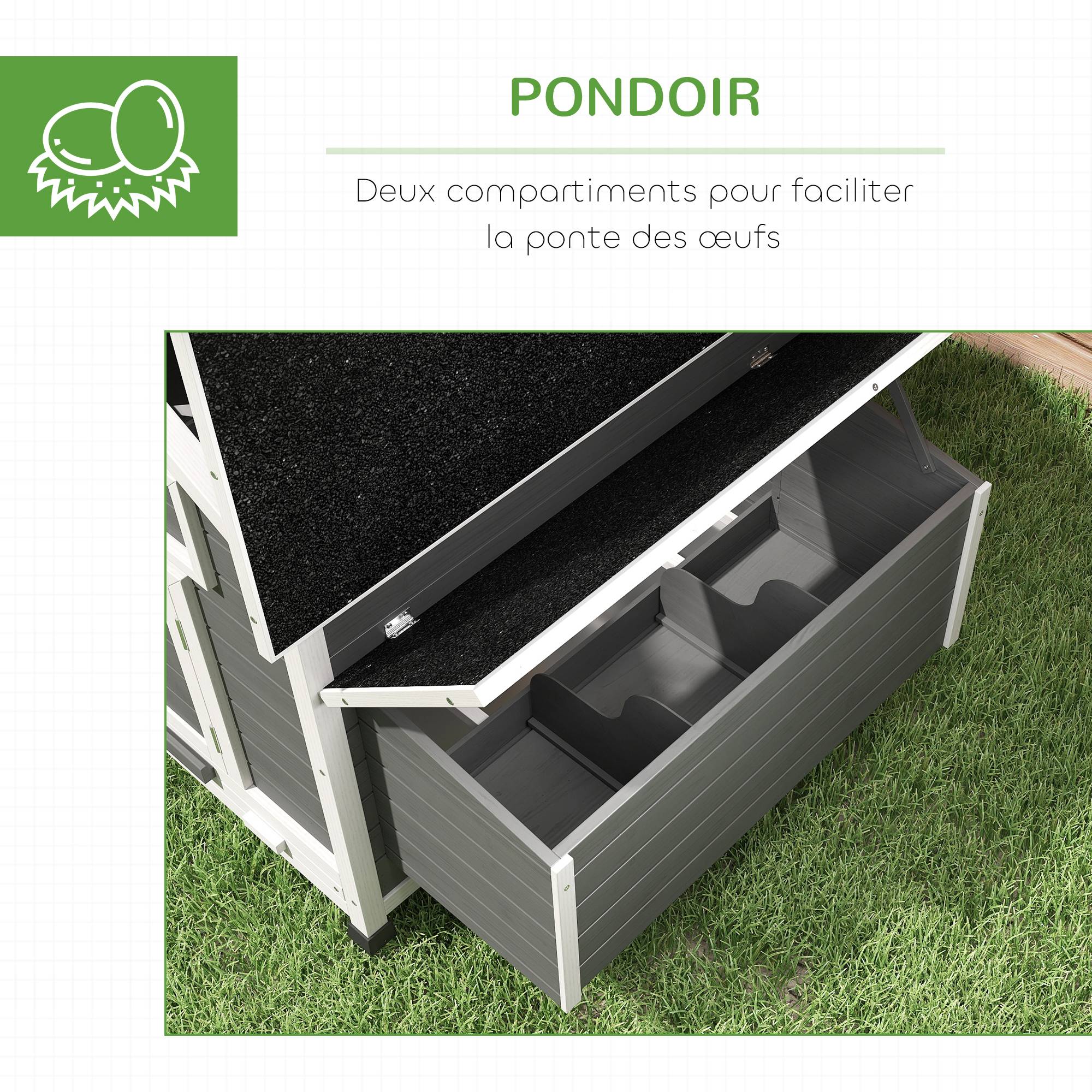 Poulailler extérieur bois sapin 2-4 poules double pondoir tiroir amovible 150x100x96cm gris - ComfortXL Outdoor Living - Image 8