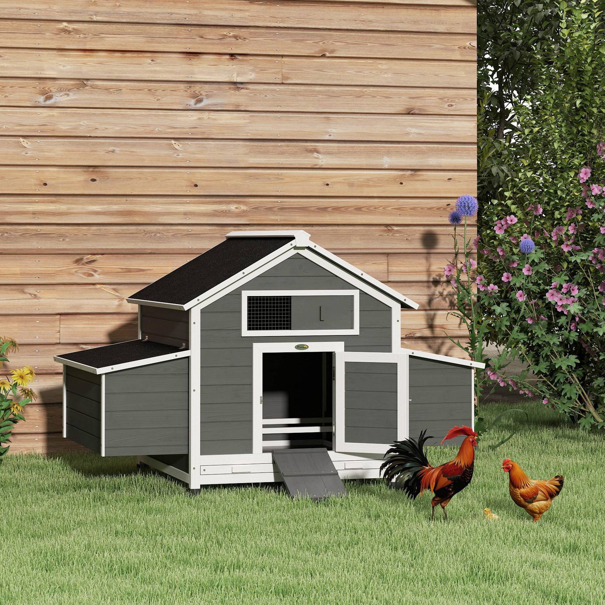 Poulailler extérieur bois sapin 2-4 poules double pondoir tiroir amovible 150x100x96cm gris - ComfortXL Outdoor Living - Image 3