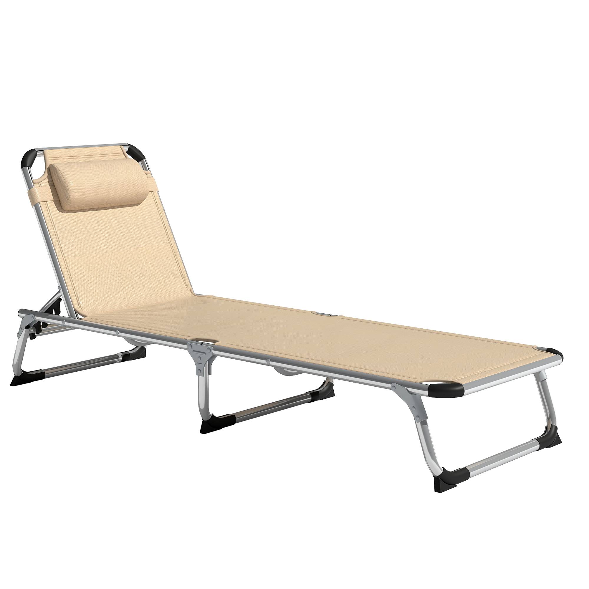Chaise longue pliante aluminium beige appui-tête et dossier réglables 60x165x76 cm, transat extérieur - Image 2