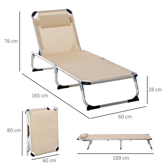 Chaise longue pliante aluminium beige appui-tête et dossier réglables 60x165x76 cm, transat extérieur - Image 5