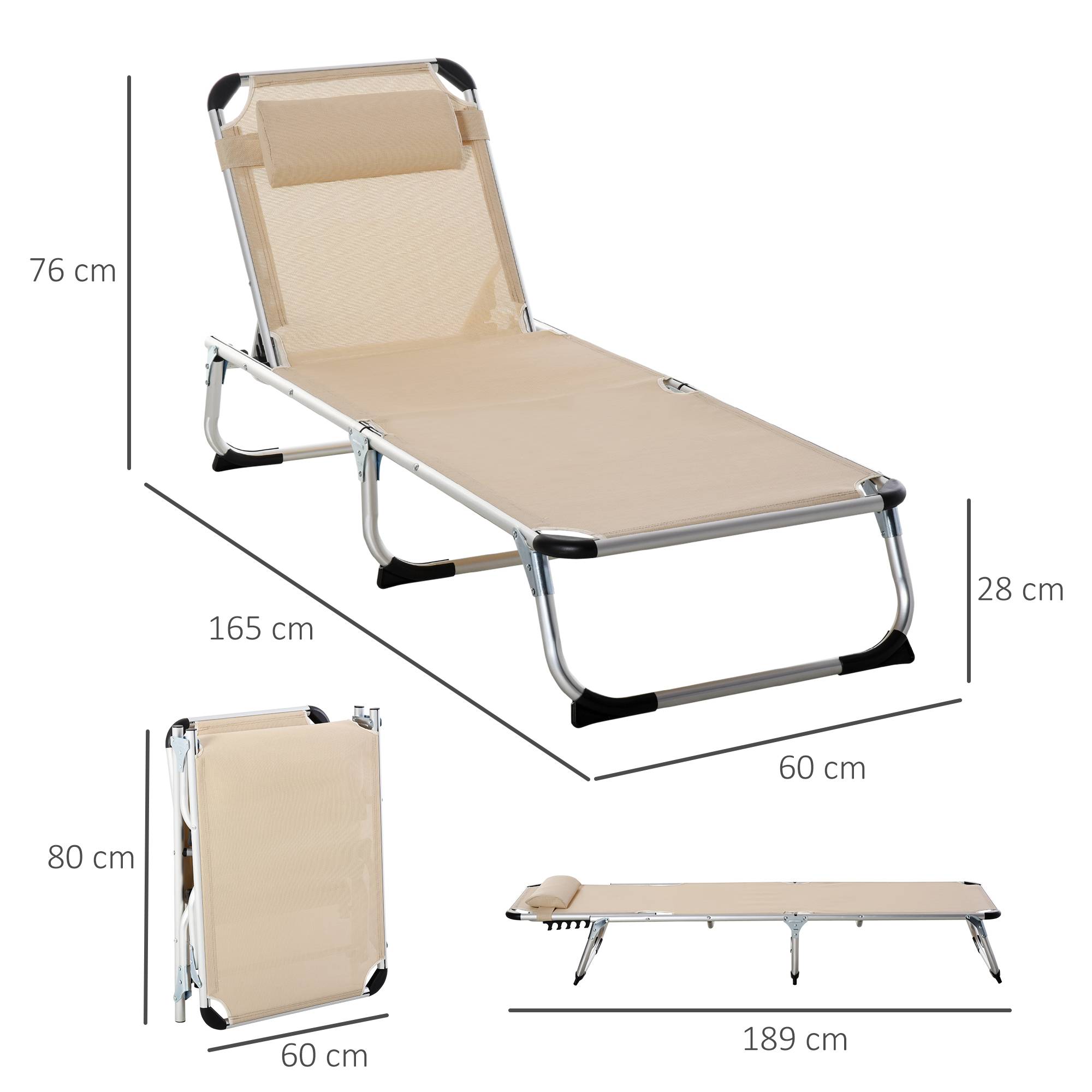Chaise longue pliante aluminium beige appui-tête et dossier réglables 60x165x76 cm, transat extérieur - Image 5