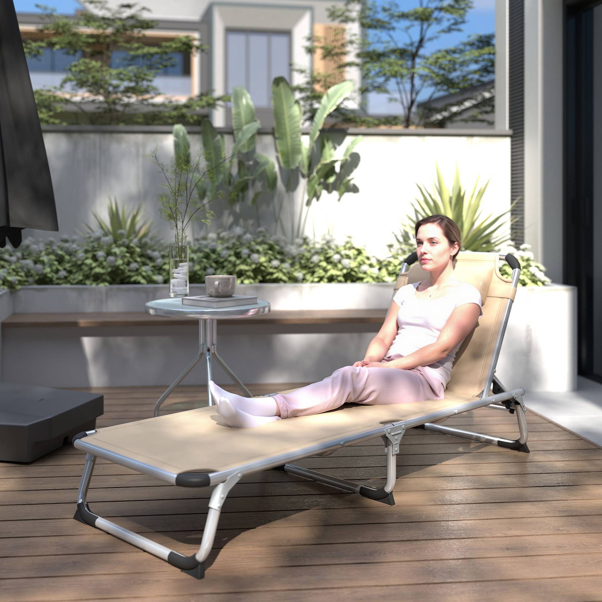 Chaise longue pliante aluminium beige appui-tête et dossier réglables 60x165x76 cm, transat extérieur - Image 4