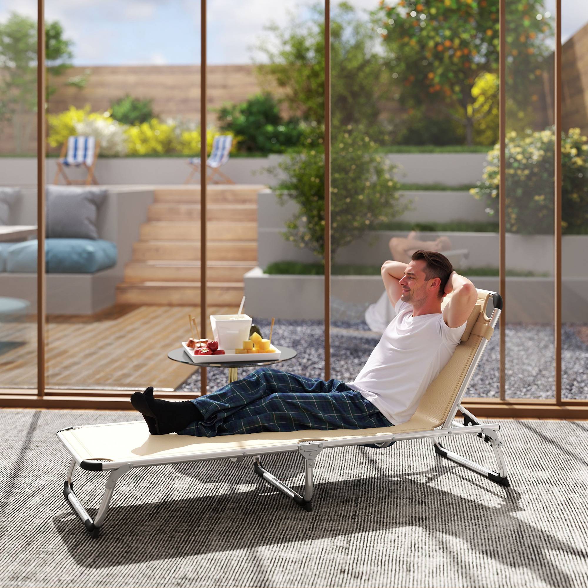Chaise longue pliante aluminium beige appui-tête et dossier réglables 60x165x76 cm, transat extérieur - Image 3