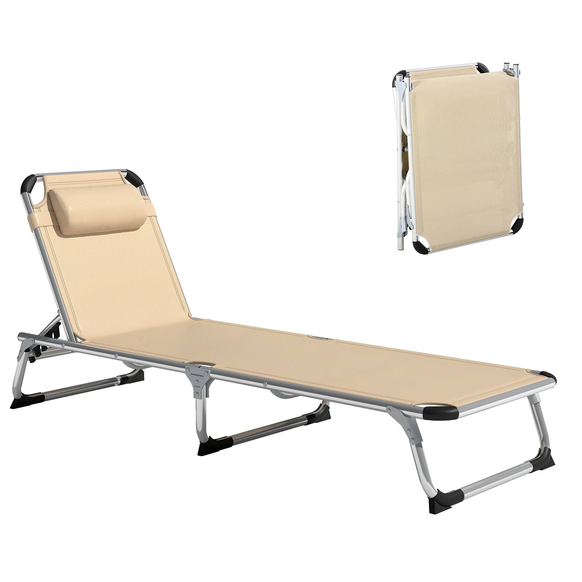 Chaise longue pliante aluminium beige appui-tête et dossier réglables 60x165x76 cm, transat extérieur - Image 1