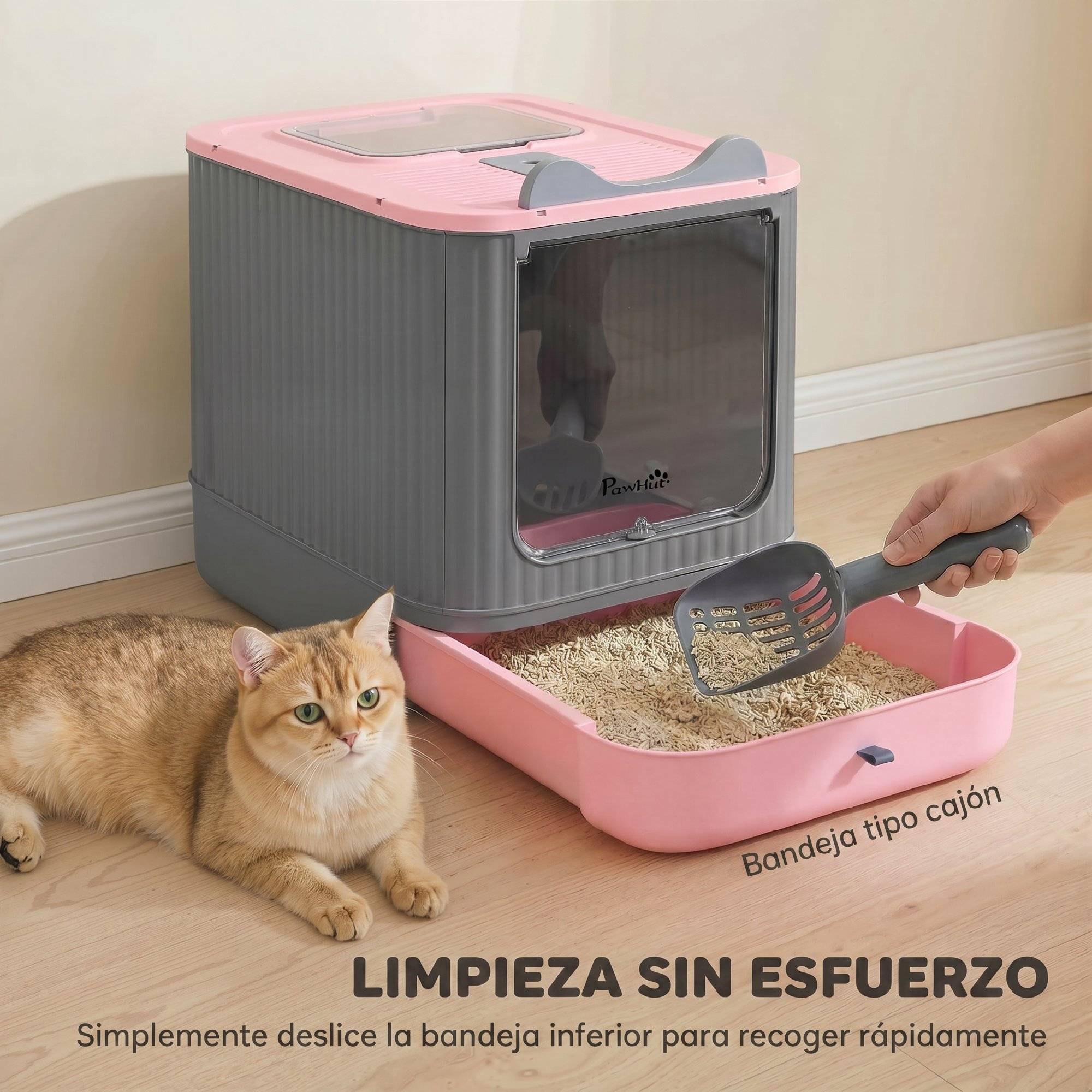 Bac à litière pour chat M avec couvercle à charnière, sortie par le haut, pelle, sacs désodorisants, facile à nettoyer, rose - Image 7