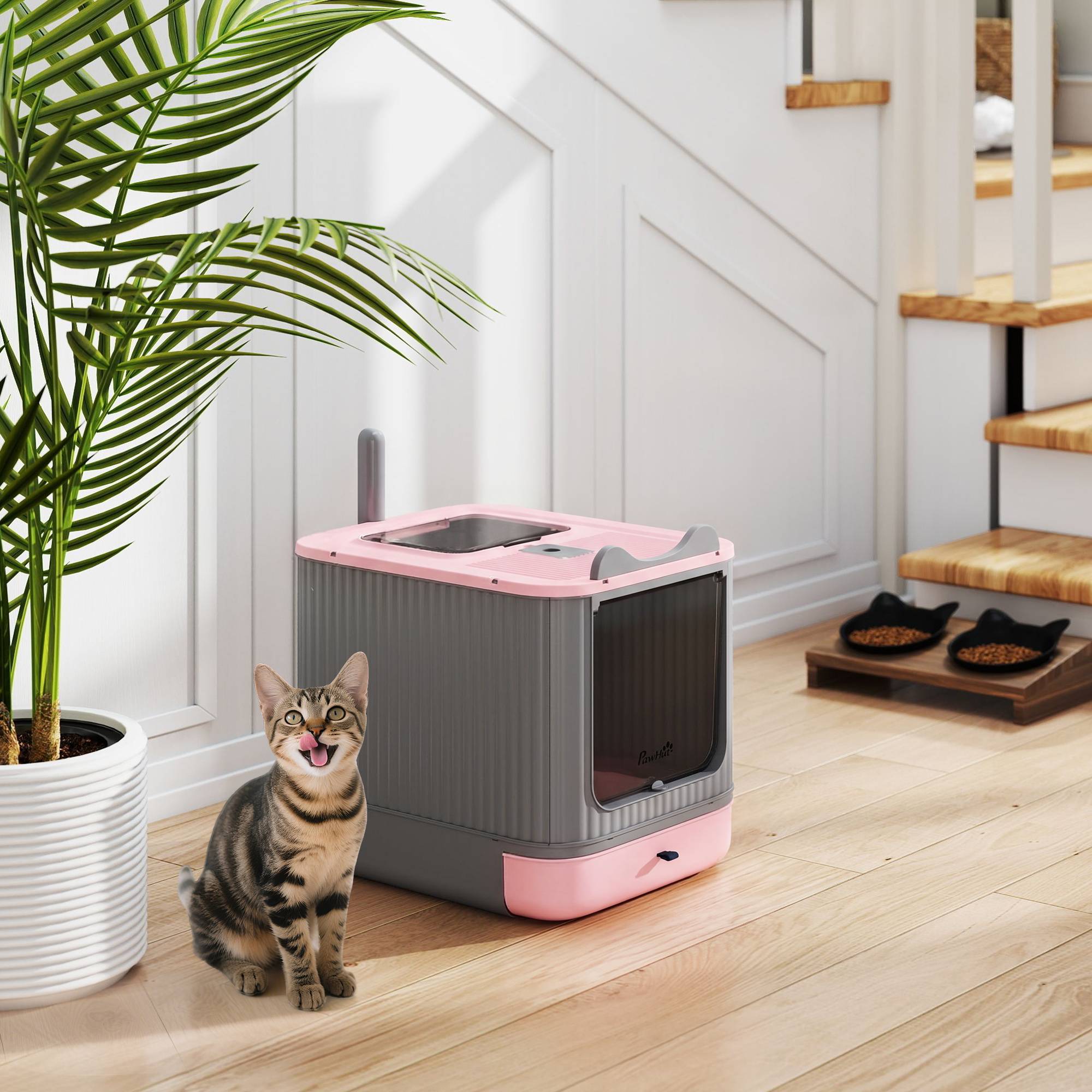 Bac à litière pour chat M avec couvercle à charnière, sortie par le haut, pelle, sacs désodorisants, facile à nettoyer, rose - Image 4