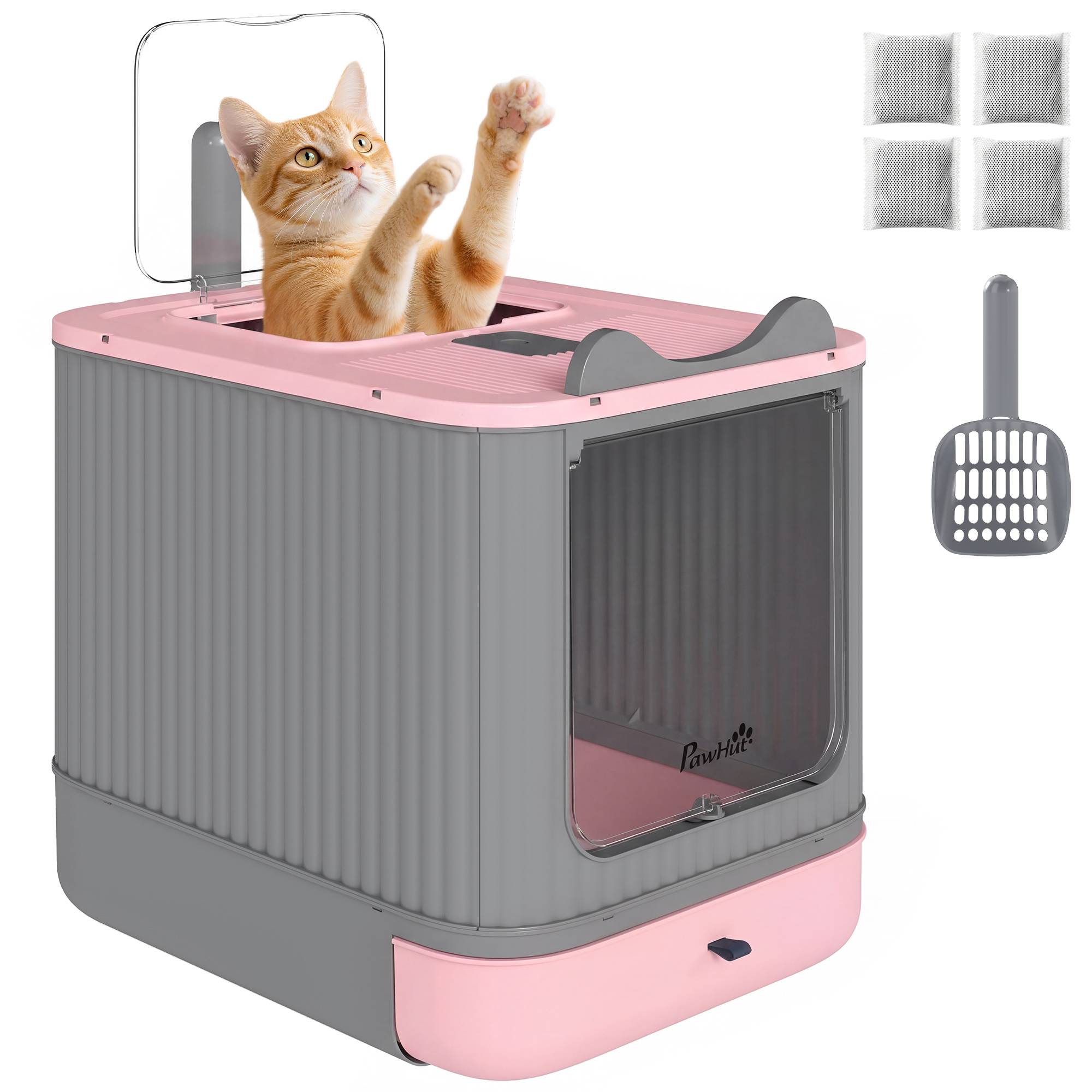 Bac à litière pour chat M avec couvercle à charnière, sortie par le haut, pelle, sacs désodorisants, facile à nettoyer, rose - Image 1