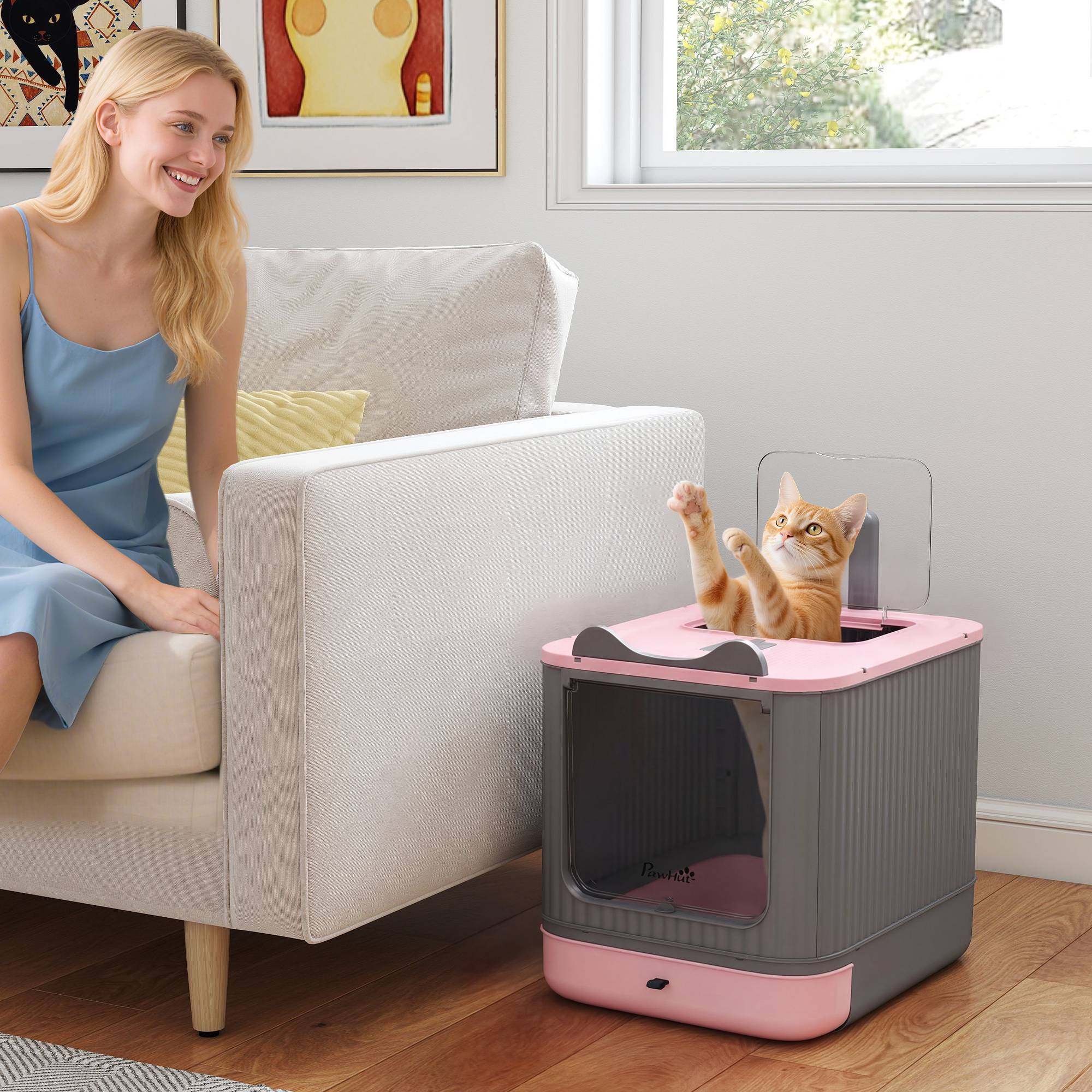Bac à litière pour chat M avec couvercle à charnière, sortie par le haut, pelle, sacs désodorisants, facile à nettoyer, rose - Image 3