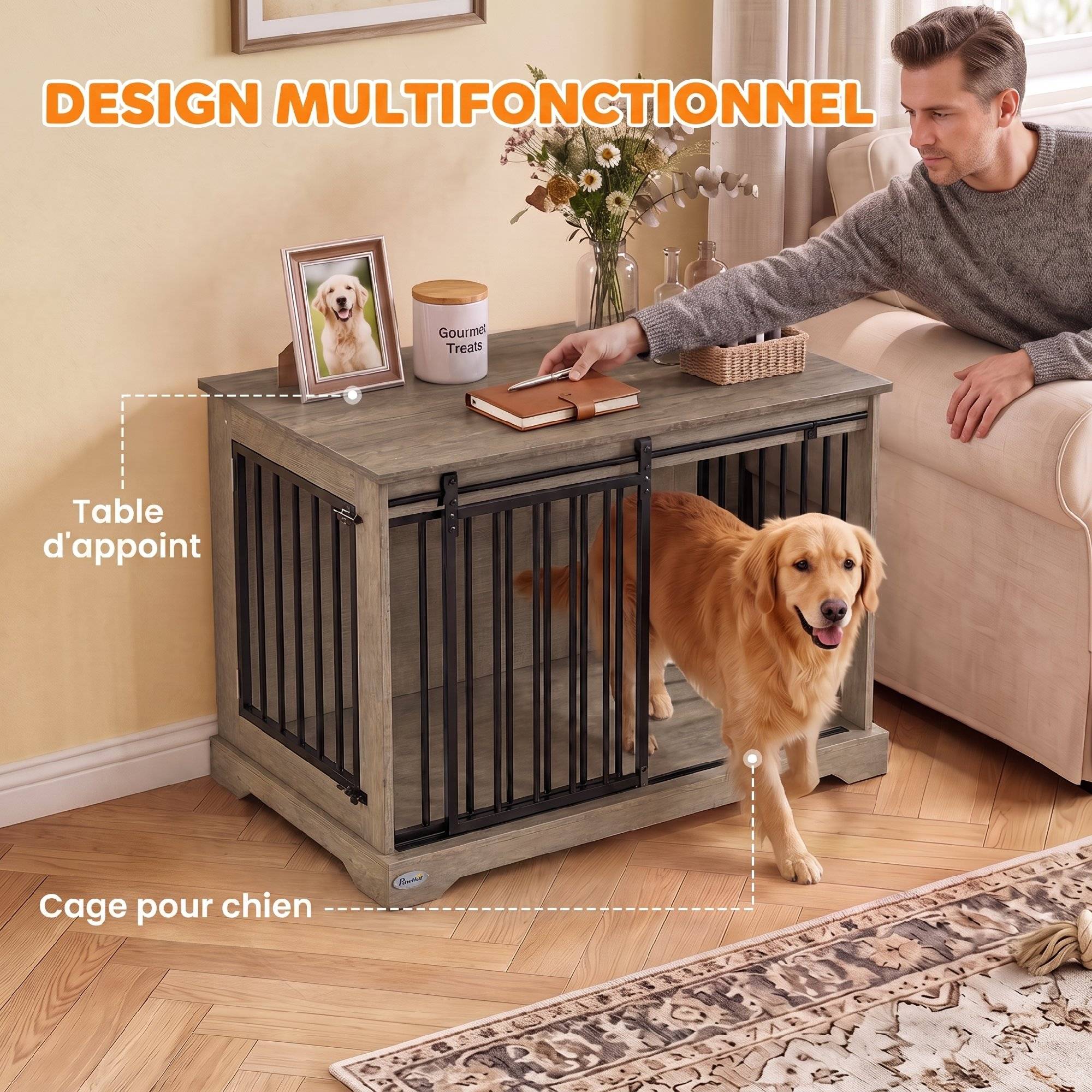 ComfortXL - Cage pour chien en acier et panneaux mélaminés gris 100 x 60 x 68 cm avec porte coulissante et table d'appoint - Image 7