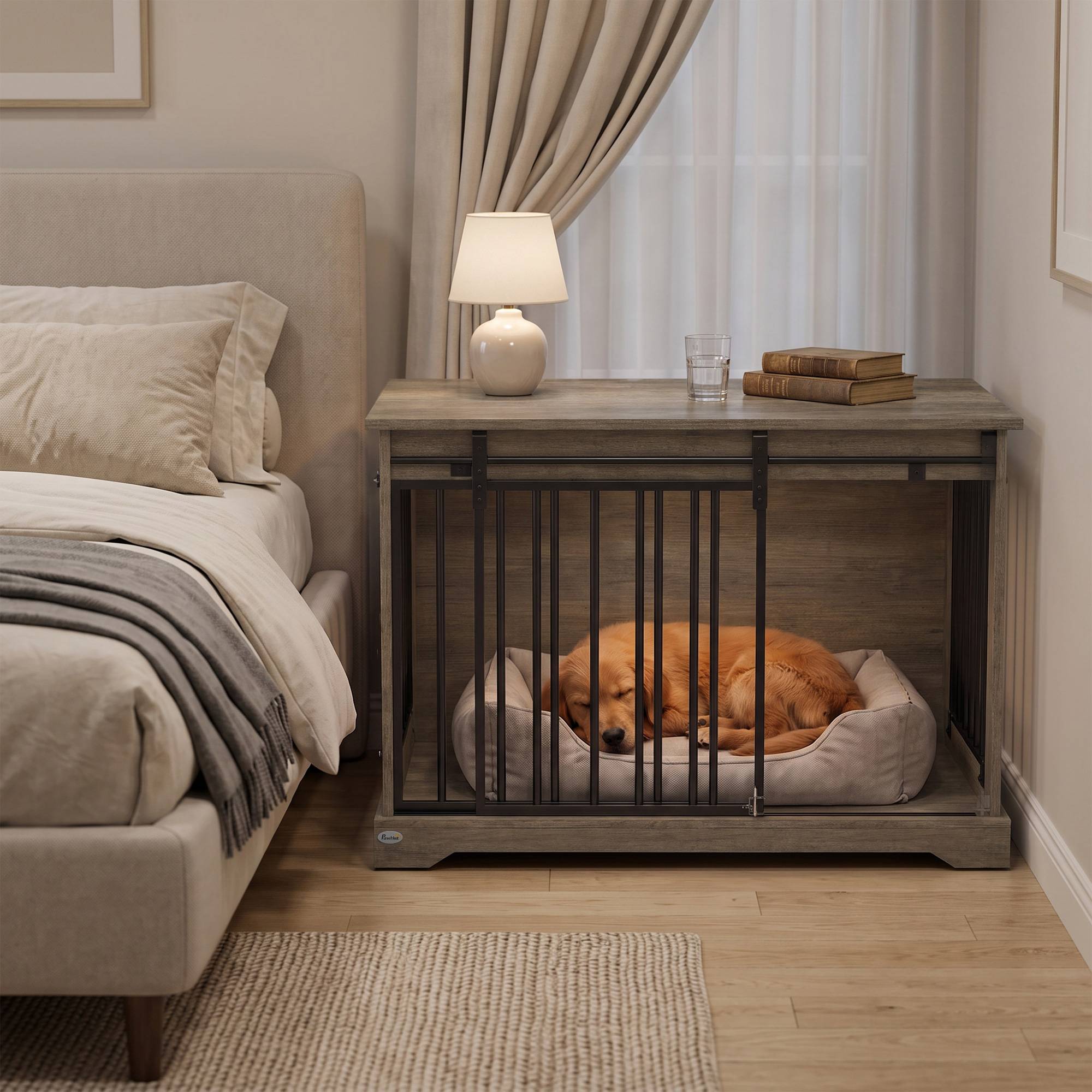 ComfortXL - Cage pour chien en acier et panneaux mélaminés gris 100 x 60 x 68 cm avec porte coulissante et table d'appoint - Image 9