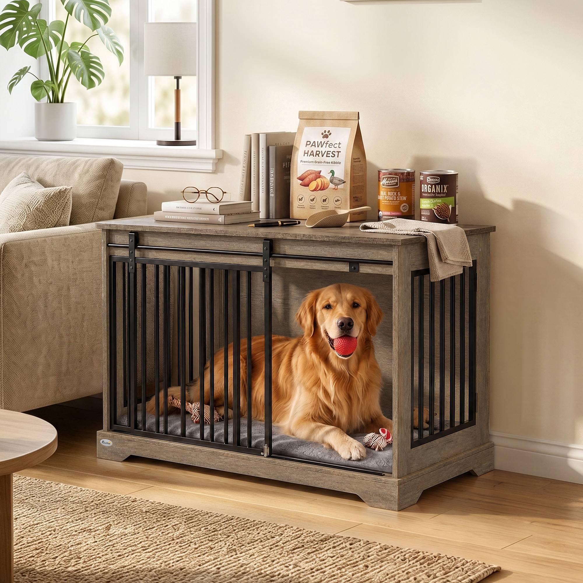ComfortXL - Cage pour chien en acier et panneaux mélaminés gris 100 x 60 x 68 cm avec porte coulissante et table d'appoint