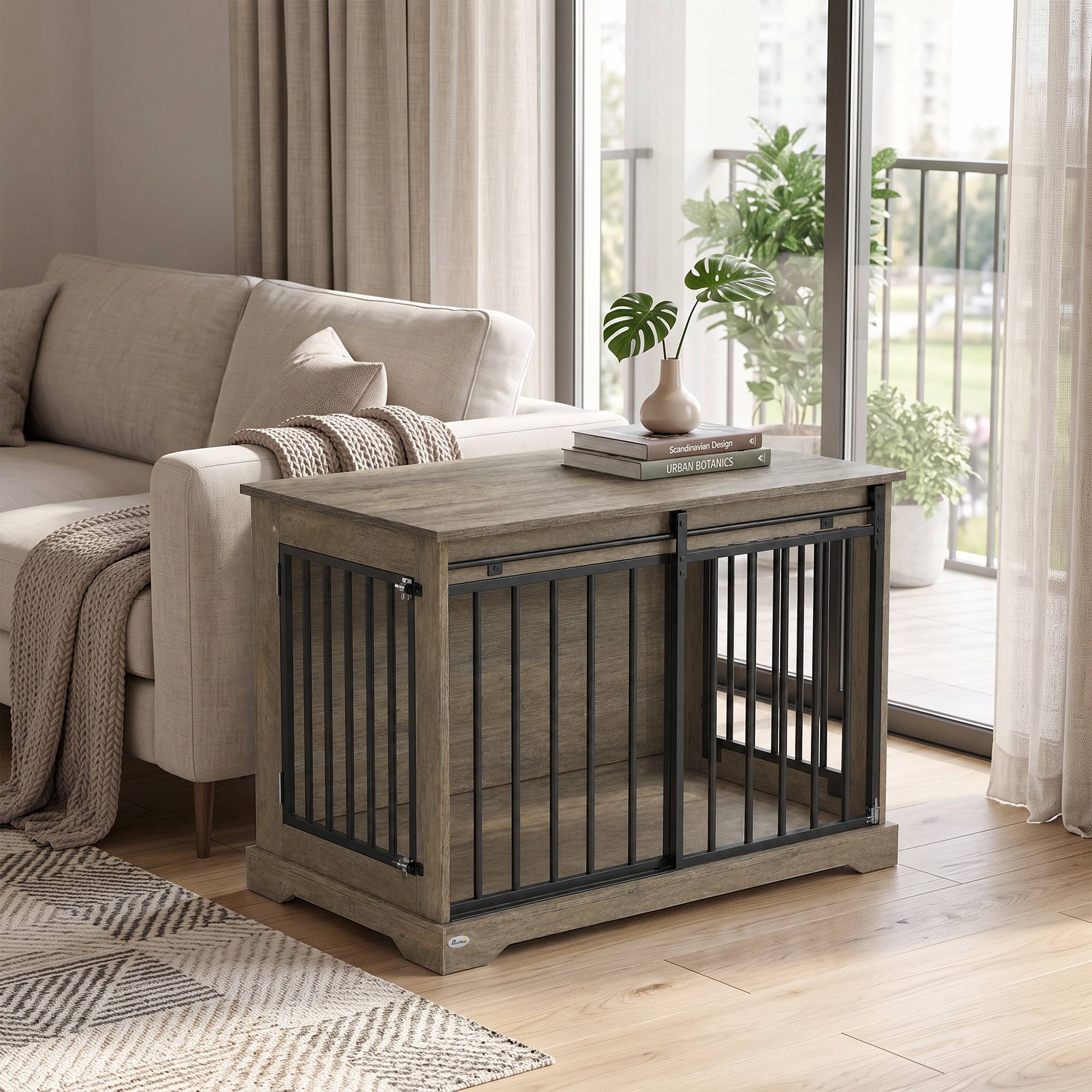 ComfortXL - Cage pour chien en acier et panneaux mélaminés gris 100 x 60 x 68 cm avec porte coulissante et table d'appoint - Image 8