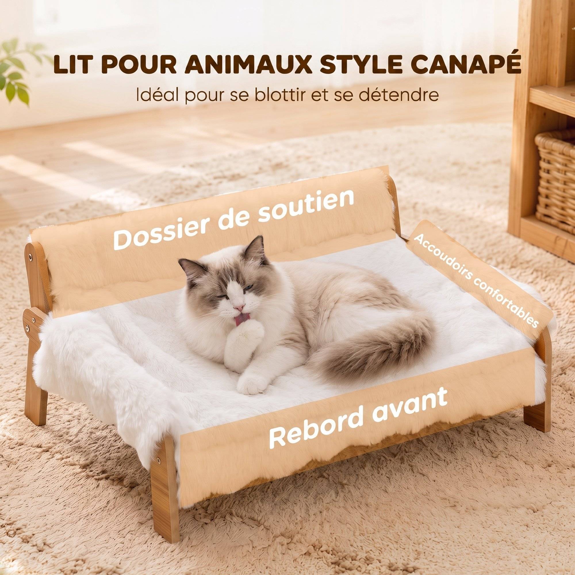 ComfortXL - Canapé pour chien et chat en MDF et peluche blanche 70 x 47 x 30 cm pour intérieur avec coussin amovible - Image 4