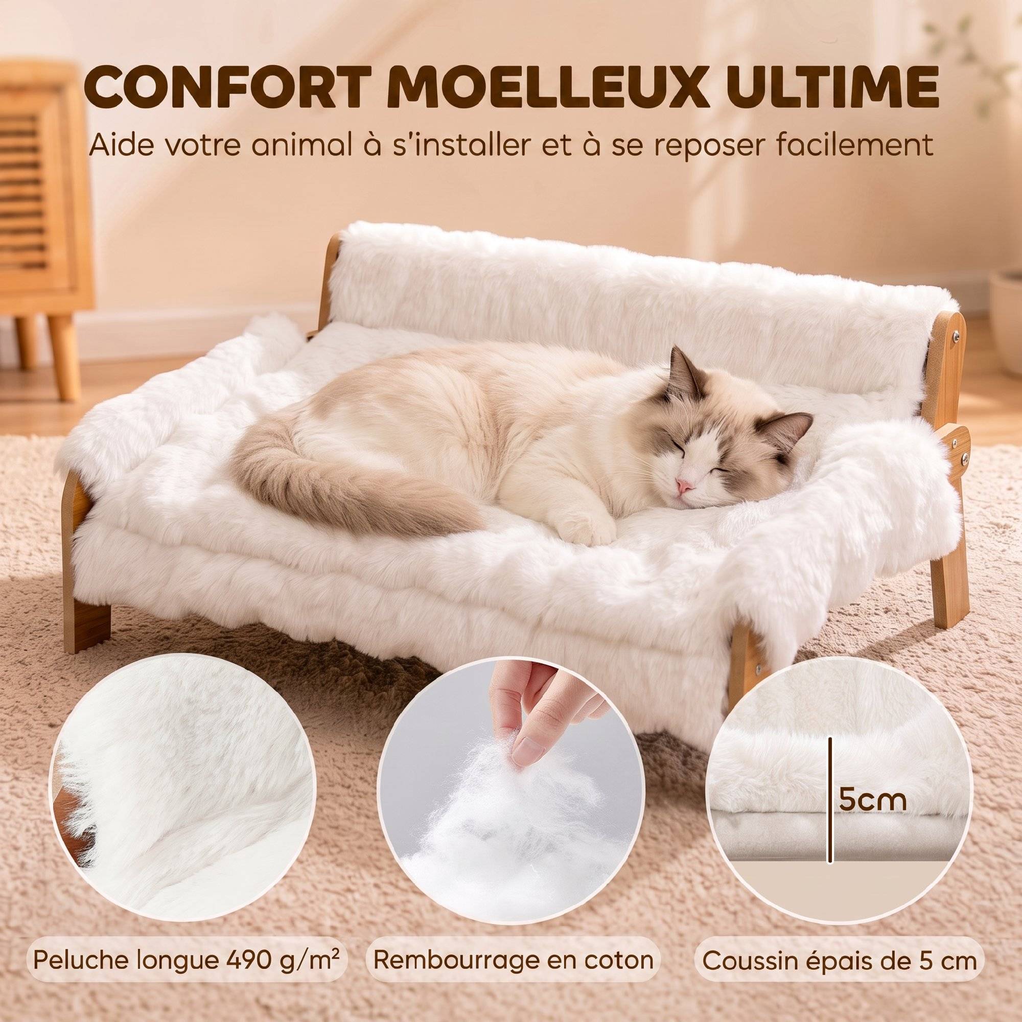 ComfortXL - Canapé pour chien et chat en MDF et peluche blanche 70 x 47 x 30 cm pour intérieur avec coussin amovible - Image 5