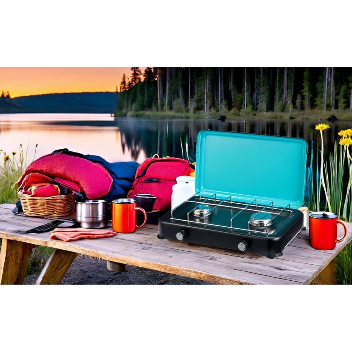 Plaque de cuisson gaz portable 2 feux 2350W Table de Cuisson Butane/Propane Bruleurs inox Couvercle amovible INTEC - Image 4