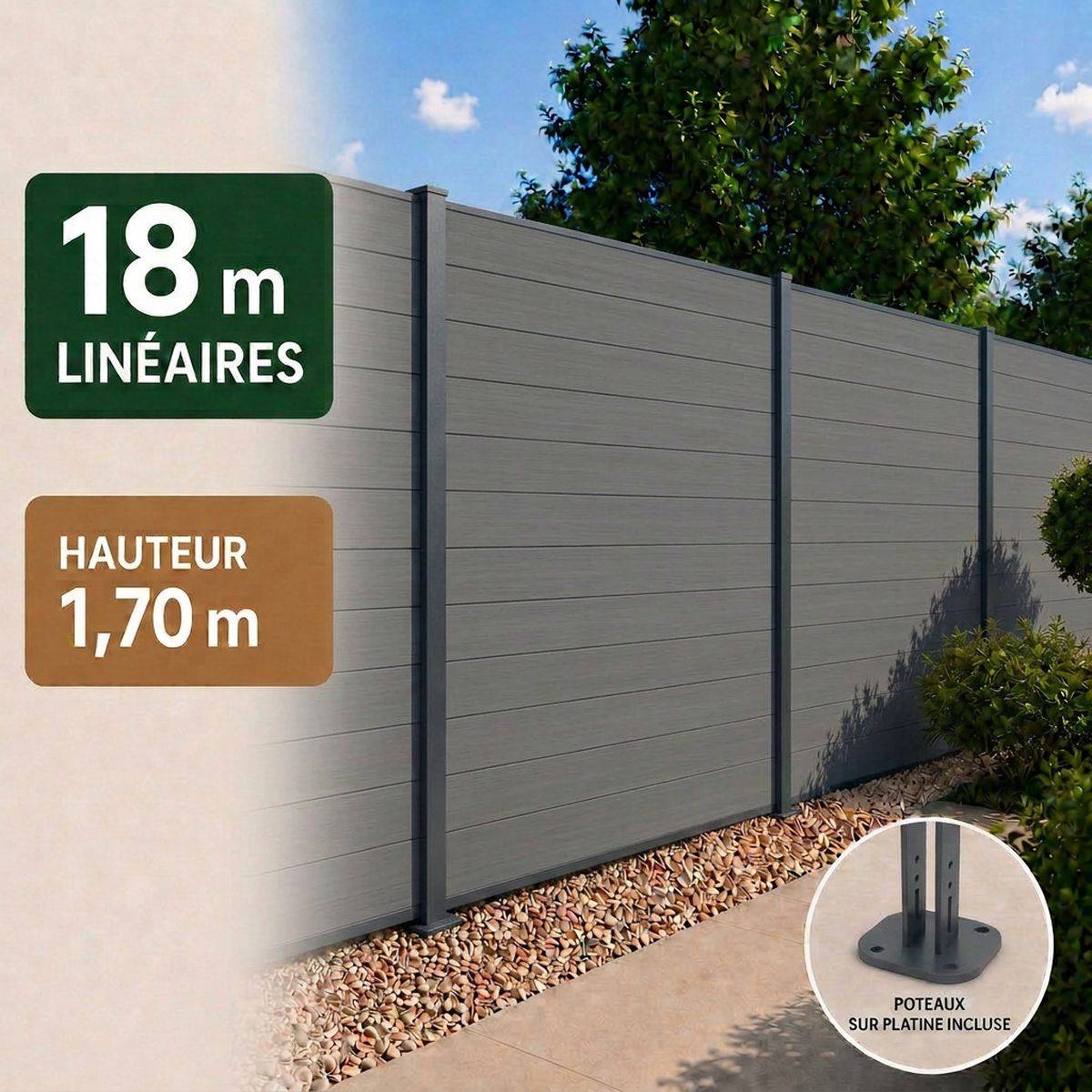 Direct Abris - Kit clôture RECIFE Bois Composite ardoise 18,07m poteau 60x70mm gris sur platines 1,7m - Image 1