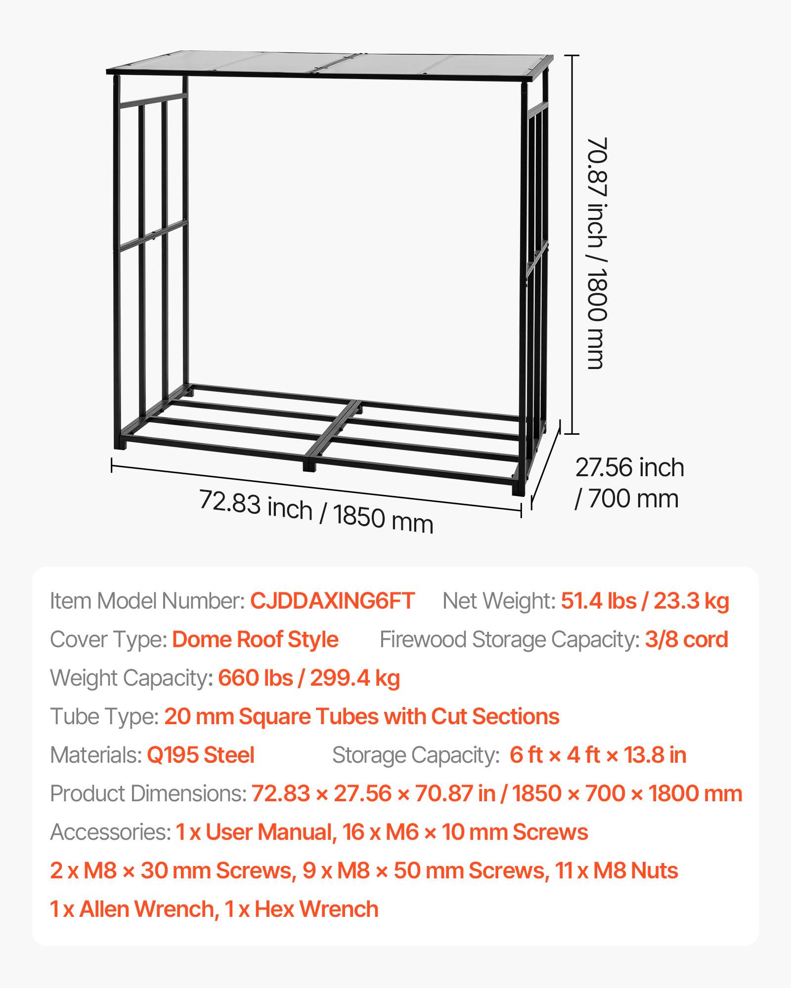 Vevor - VEVOR support à bois 185 x 70 x 180 cm, toit polycarbonate, acier galvanisé, capacité 3/8 corde, charge 299,4 kg. - Image 6