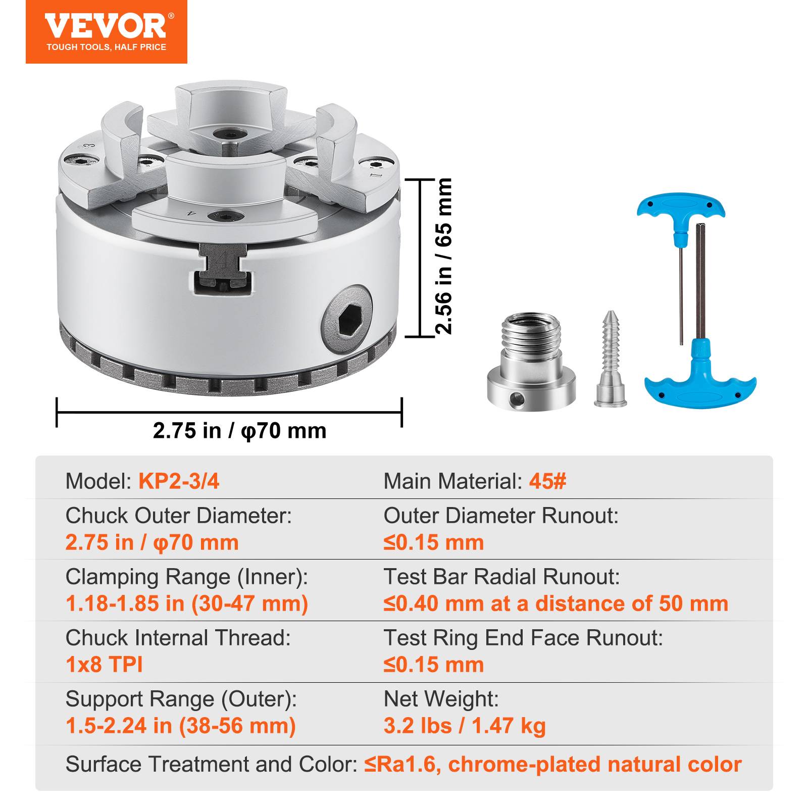 VEVOR Mandrin tour bois 70 mm, 4 mâchoires KP2-3/4, auto-centrage. Accessoires. - Image 7