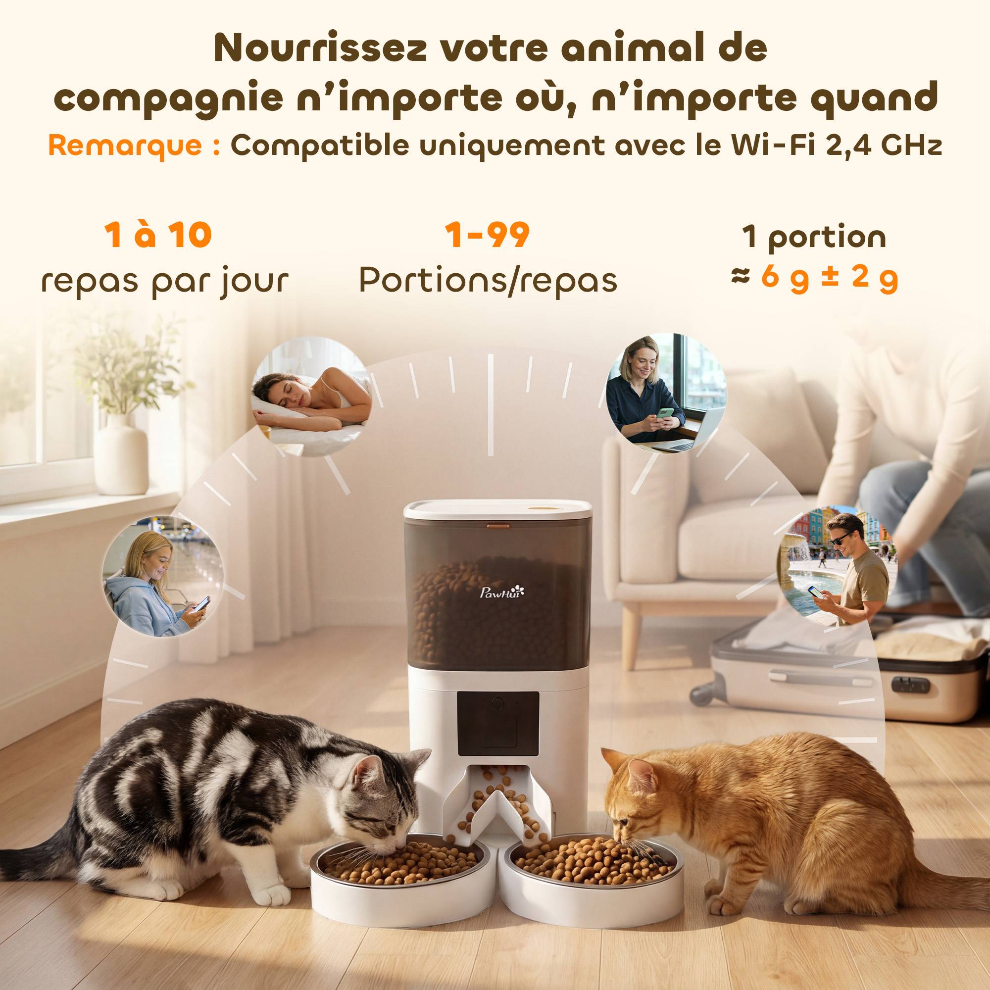 Sans Marque - Distributeur Croquettes Chat Automatique 2 Animaux 6L Double Bol Inox WiFi Tuya App ABS 37x36x35cm Blanc - Image 6