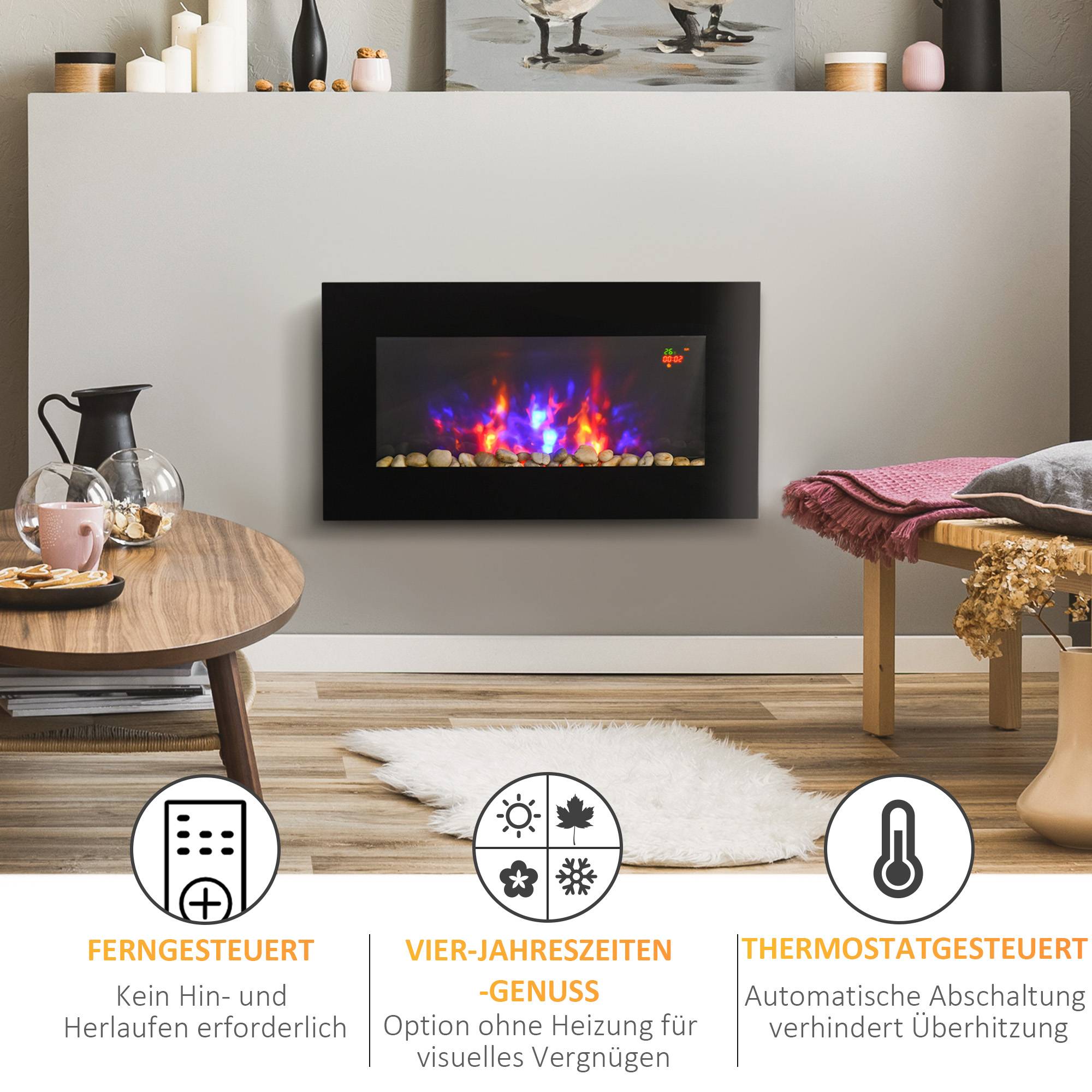 Sans Marque - Cheminée murale électrique, 1000W/2000W, effet de feu LED, télécommande, look élégant, avec fonction de chauffage - Image 6