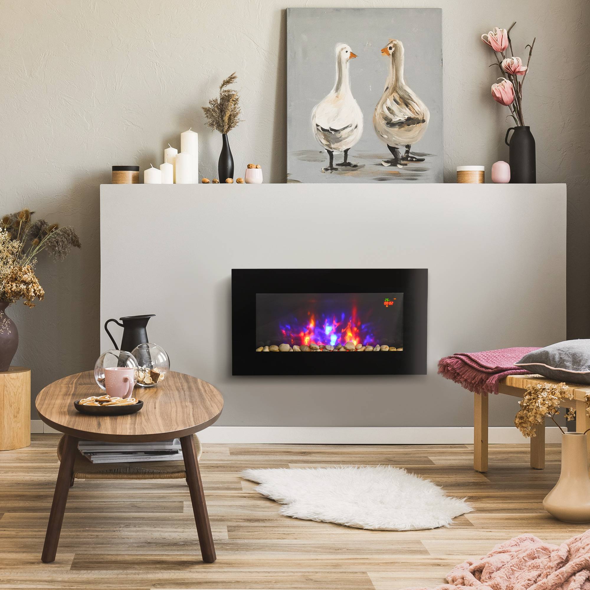 Sans Marque - Cheminée murale électrique, 1000W/2000W, effet de feu LED, télécommande, look élégant, avec fonction de chauffage - Image 3