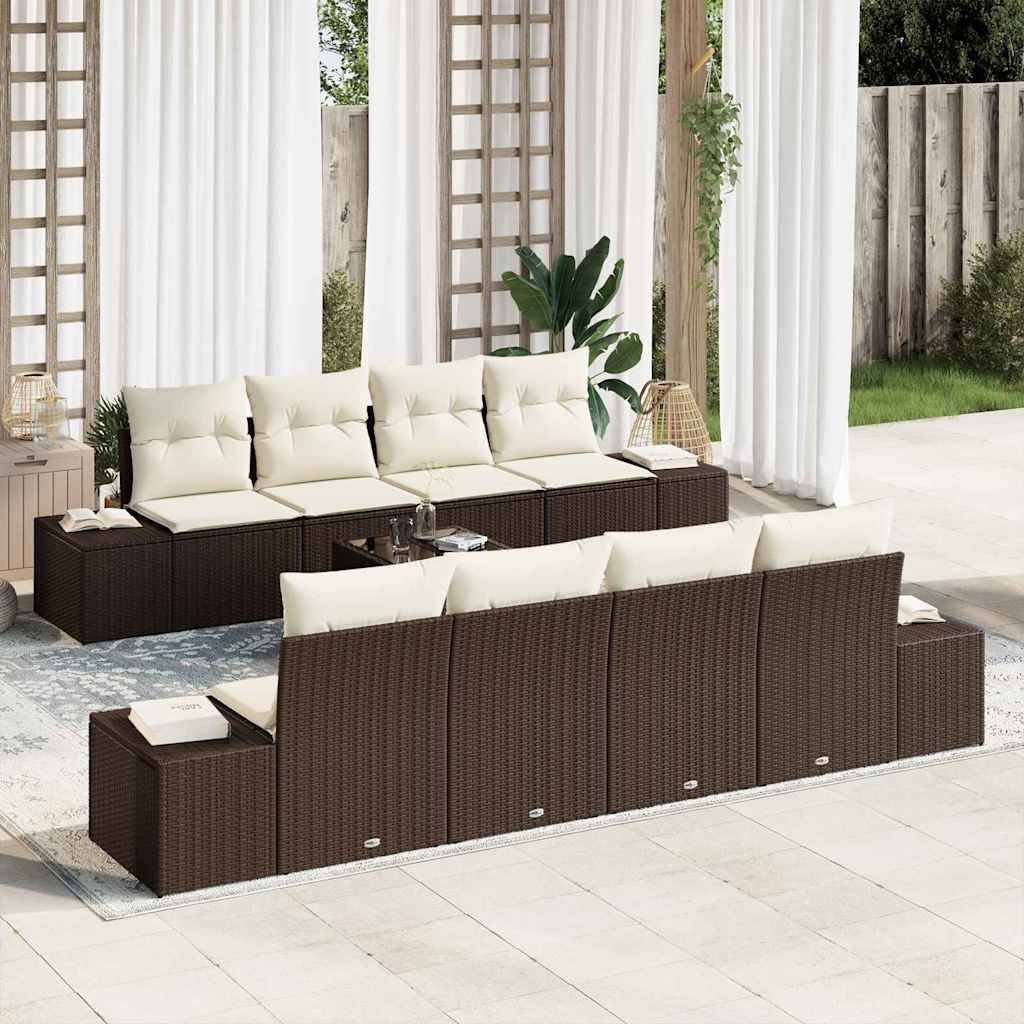 ComfortXL - Set Canapé Extérieur 8 Éléments Polyrotin Table Ajustable Repas Rangement Coussins Inclus Marron Crème – ComfortXL Outdoor Living - Image 1