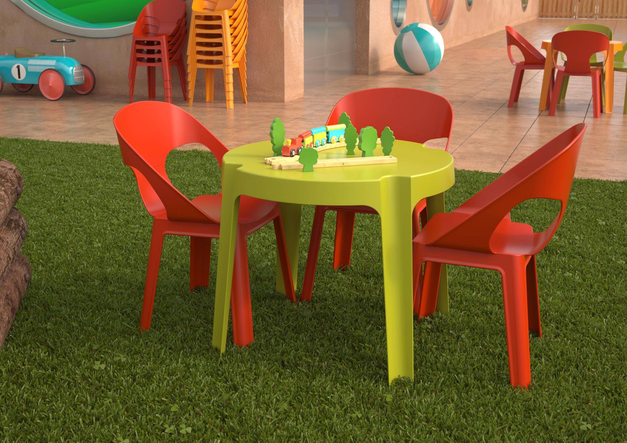 Set 4+1 chaises-table pour enfants intérieur, extérieur bleu ciel/rose/rouge/orange/vert citron RITA garbar - Image 2