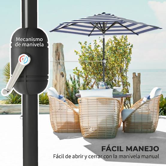 Parasol de jardin Ø230 x 216 cm, ouverture manuelle, angle réglable et imperméable, pour terrasse et piscine, bleu et blanc. - Image 6