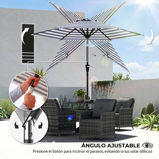 Parasol de jardin Ø230 x 216 cm, ouverture manuelle, angle réglable et imperméable, pour terrasse et piscine, bleu et blanc. - Image 7