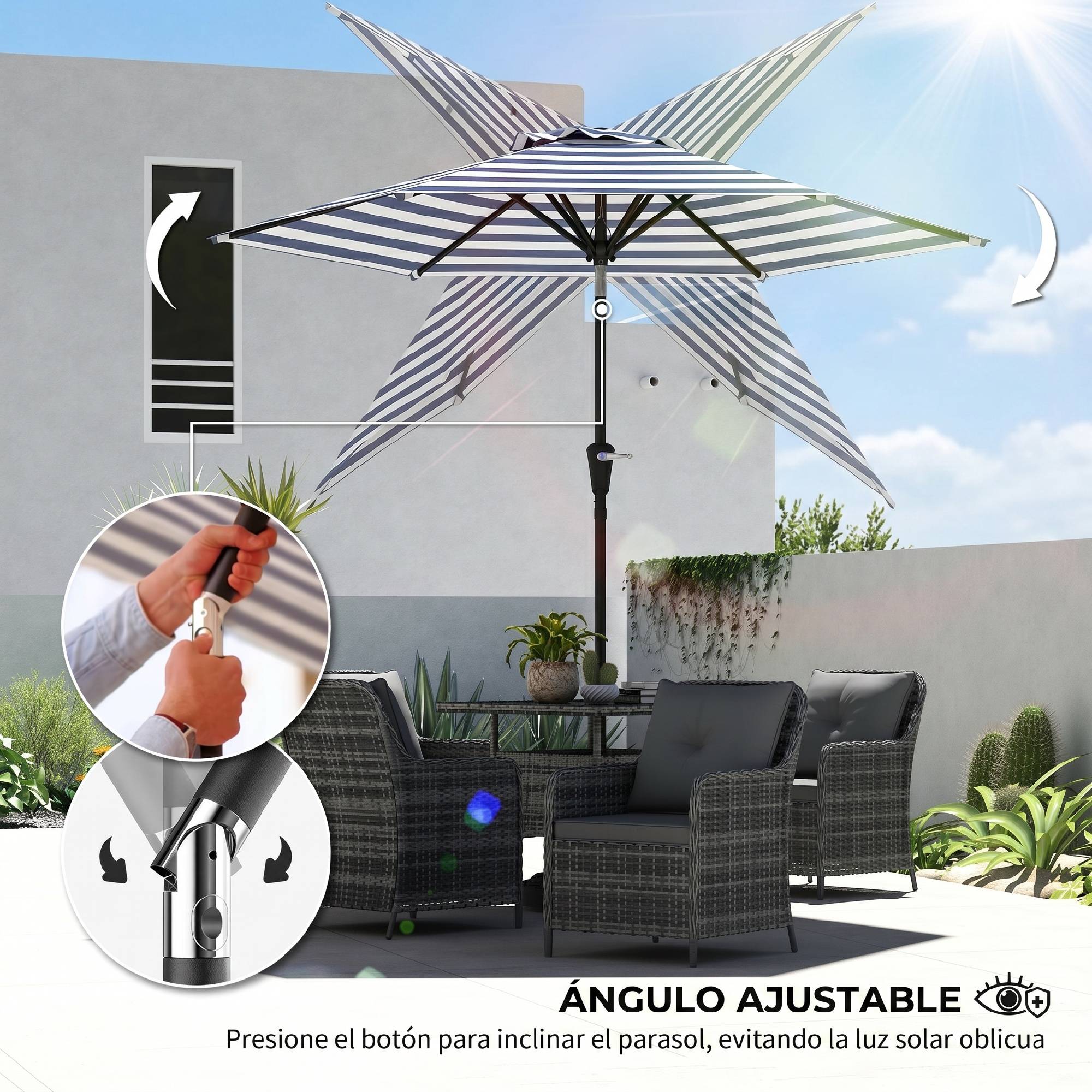 Parasol de jardin Ø230 x 216 cm, ouverture manuelle, angle réglable et imperméable, pour terrasse et piscine, bleu et blanc. - Image 7