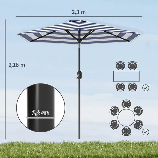 Parasol de jardin Ø230 x 216 cm, ouverture manuelle, angle réglable et imperméable, pour terrasse et piscine, bleu et blanc. - Image 5