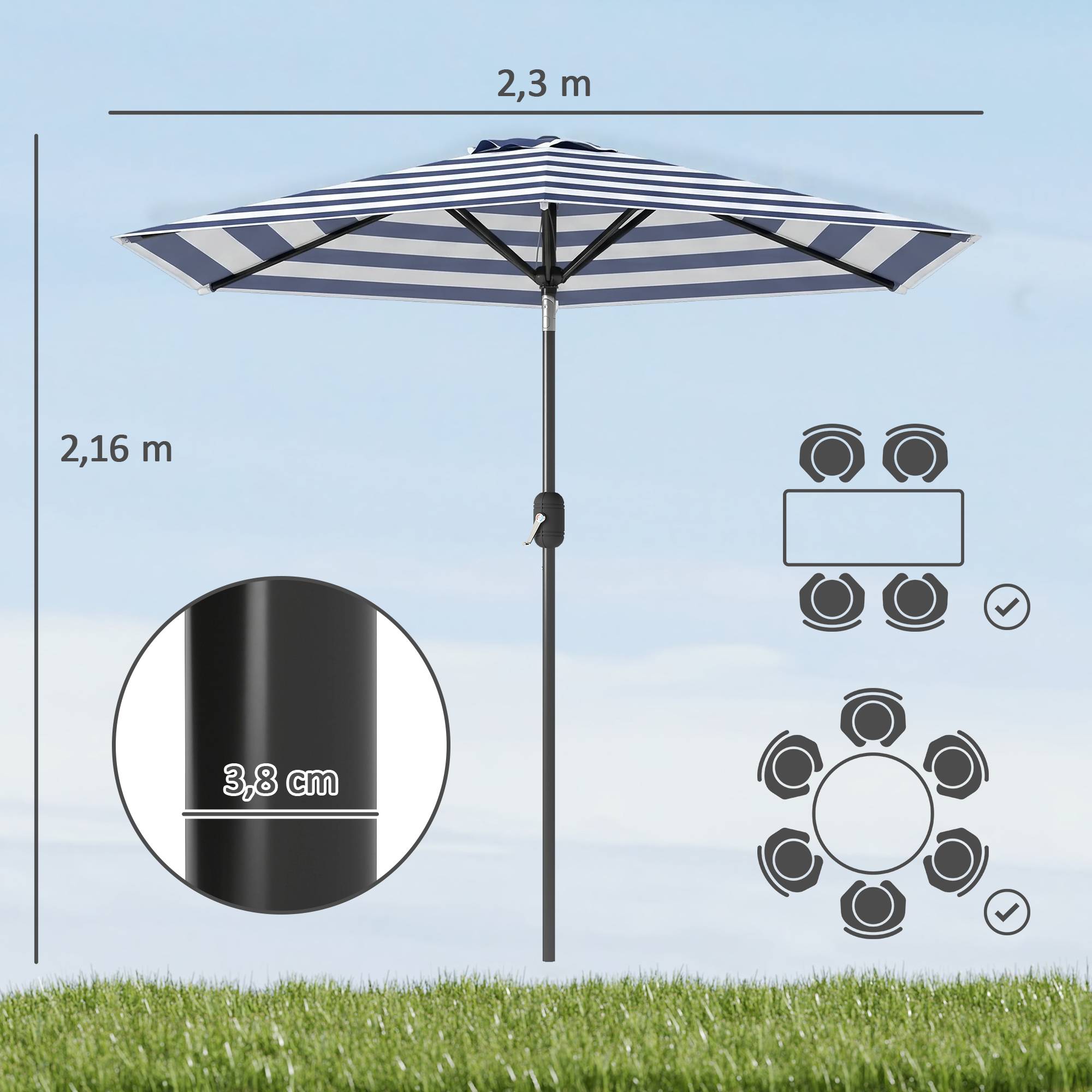 Parasol de jardin Ø230 x 216 cm, ouverture manuelle, angle réglable et imperméable, pour terrasse et piscine, bleu et blanc. - Image 5