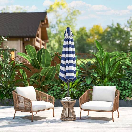 Parasol de jardin Ø230 x 216 cm, ouverture manuelle, angle réglable et imperméable, pour terrasse et piscine, bleu et blanc. - Image 10