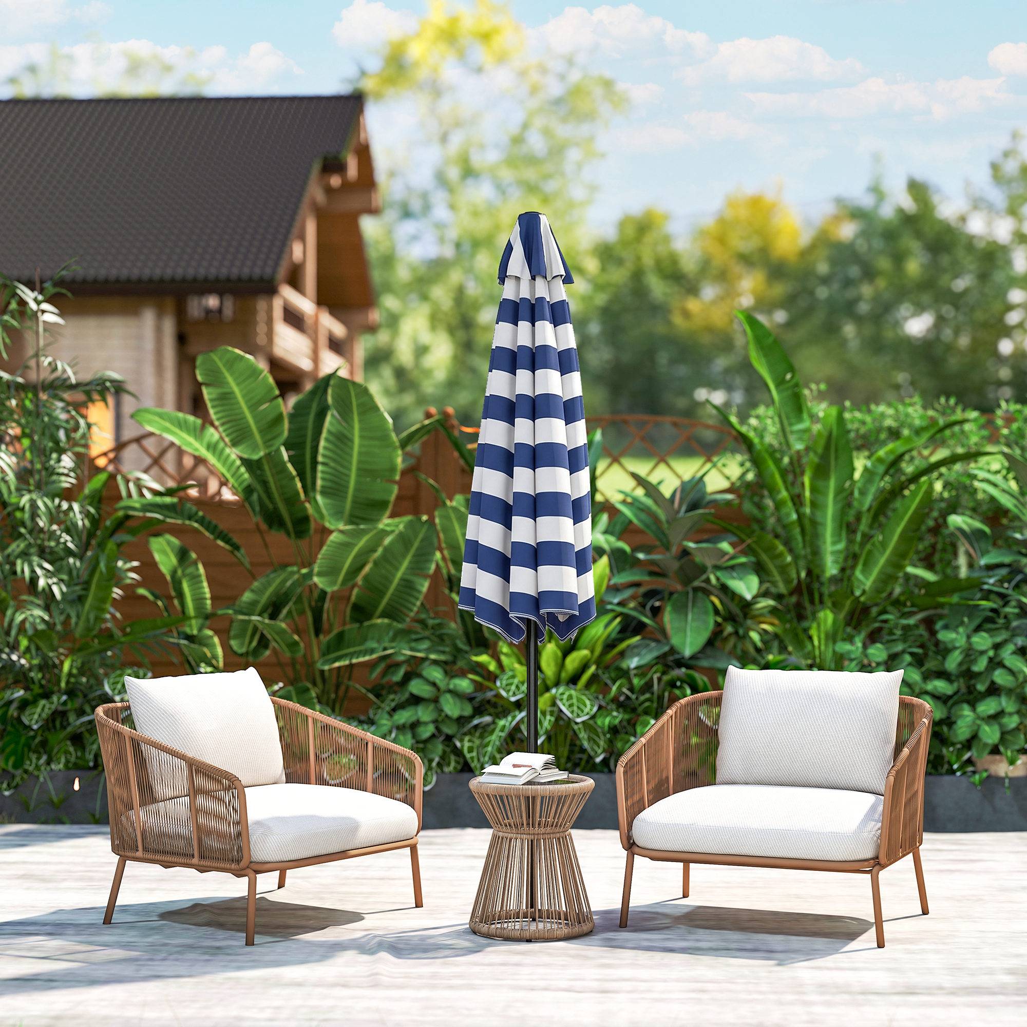 Parasol de jardin Ø230 x 216 cm, ouverture manuelle, angle réglable et imperméable, pour terrasse et piscine, bleu et blanc. - Image 10