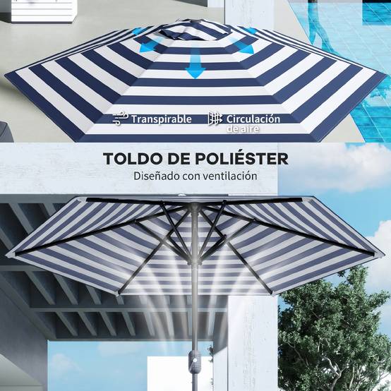Parasol de jardin Ø230 x 216 cm, ouverture manuelle, angle réglable et imperméable, pour terrasse et piscine, bleu et blanc. - Image 8