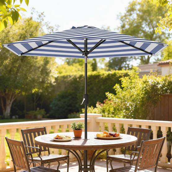 Parasol de jardin Ø230 x 216 cm, ouverture manuelle, angle réglable et imperméable, pour terrasse et piscine, bleu et blanc. - Image 4