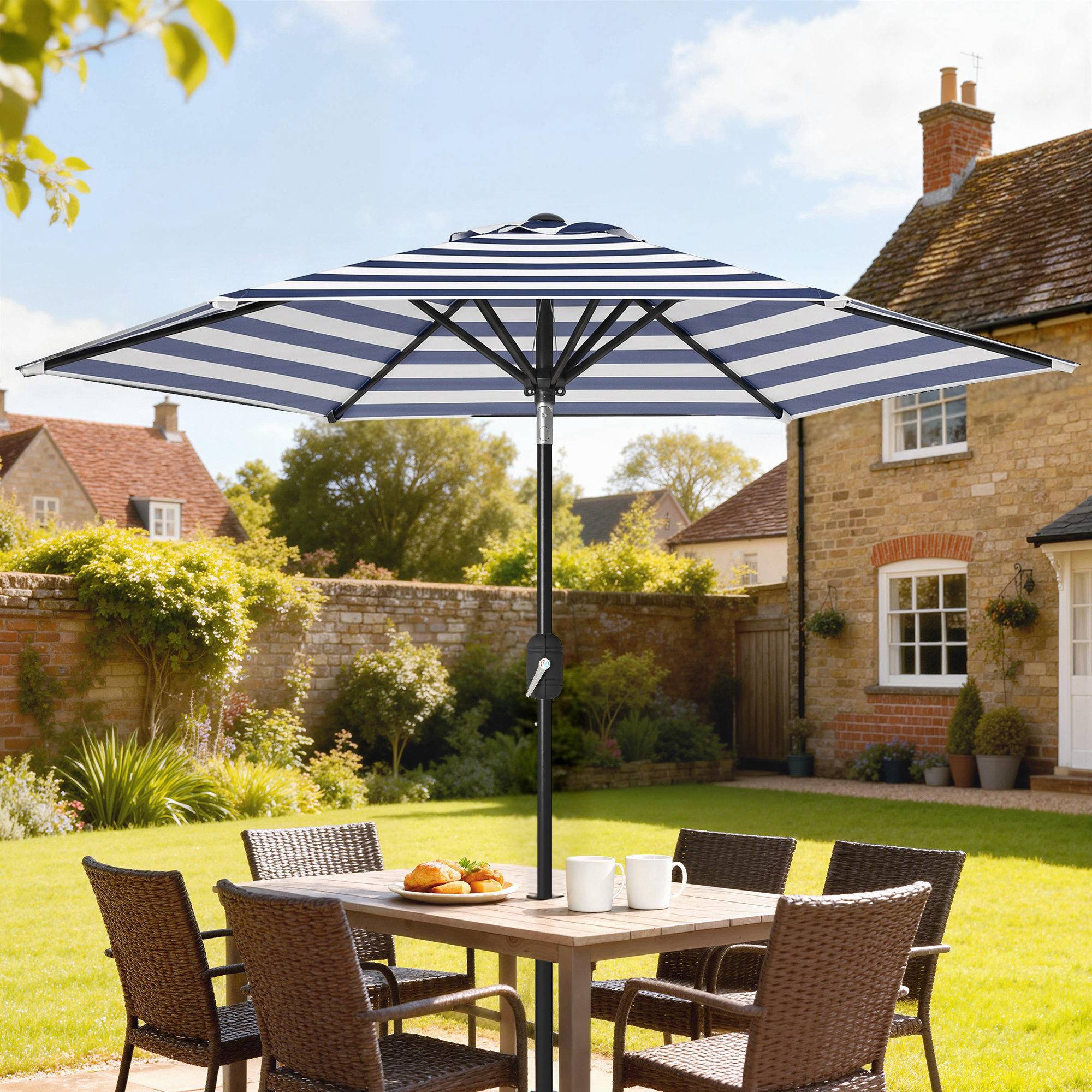 Parasol de jardin Ø230 x 216 cm, ouverture manuelle, angle réglable et imperméable, pour terrasse et piscine, bleu et blanc. - Image 3