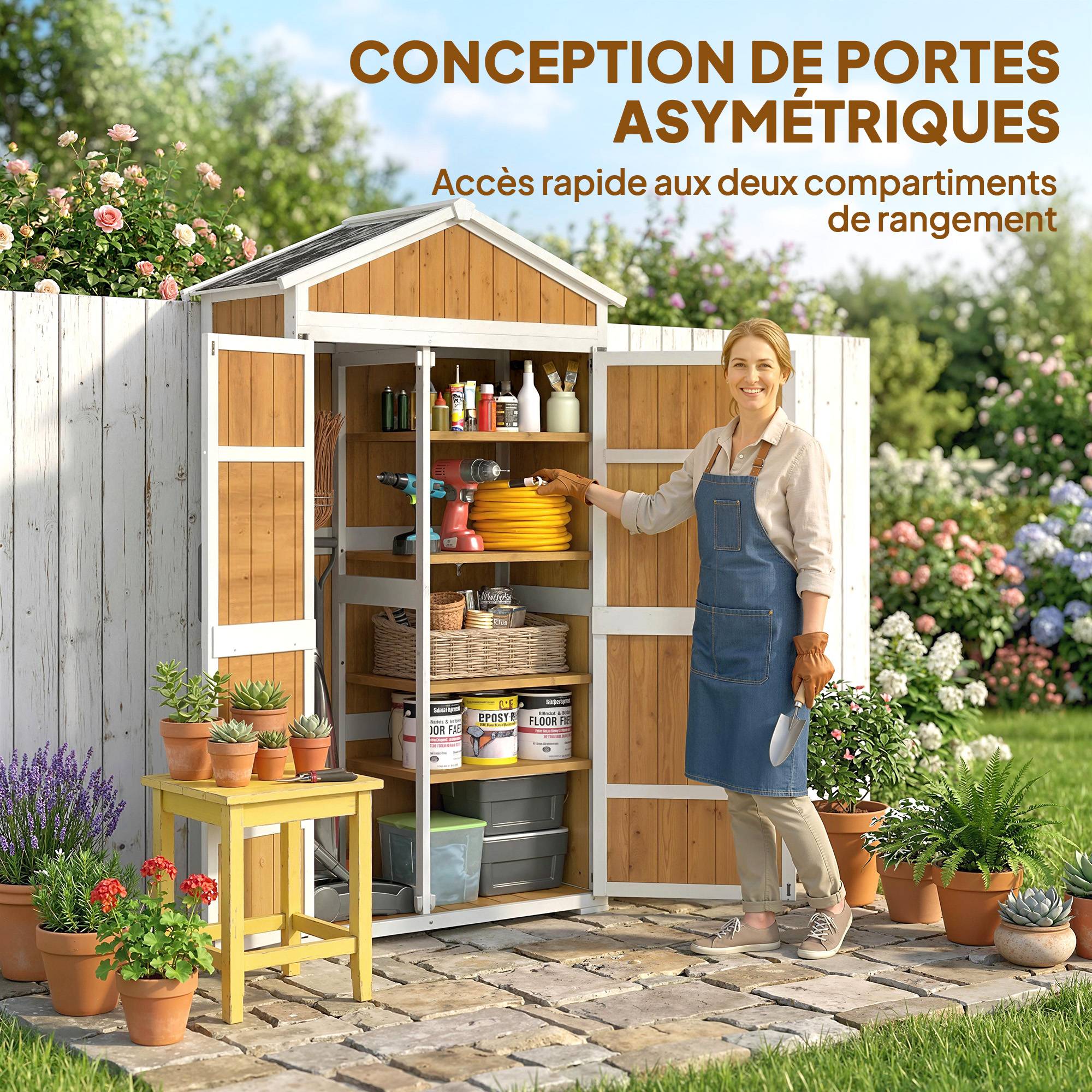 Armoire de Jardin Abri de Jardin Étanche avec Toit en Métal Double Porte pour Outils de Jardinage 105x55x179cm Naturel - Image 6