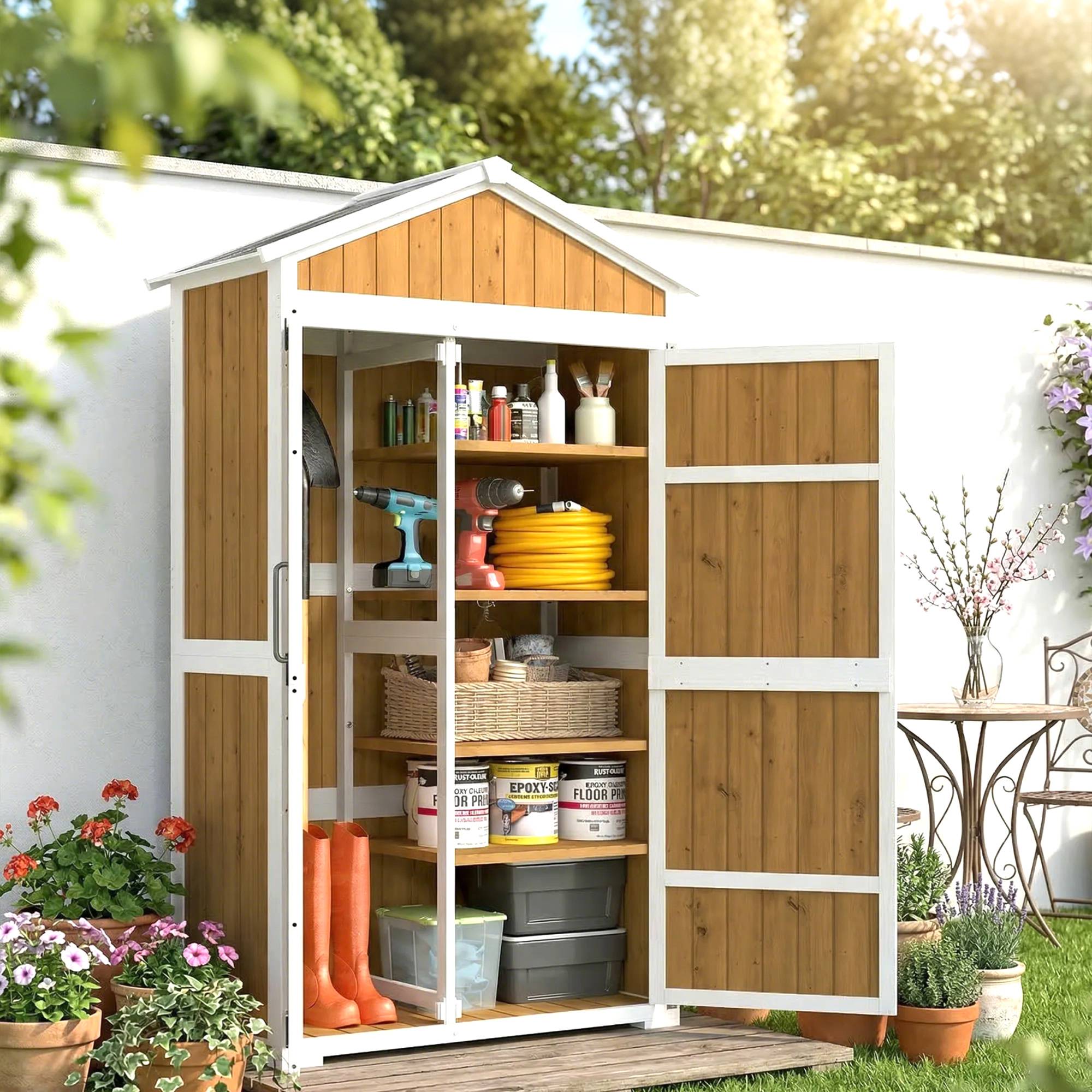 Armoire de Jardin Abri de Jardin Étanche avec Toit en Métal Double Porte pour Outils de Jardinage 105x55x179cm Naturel - Image 3