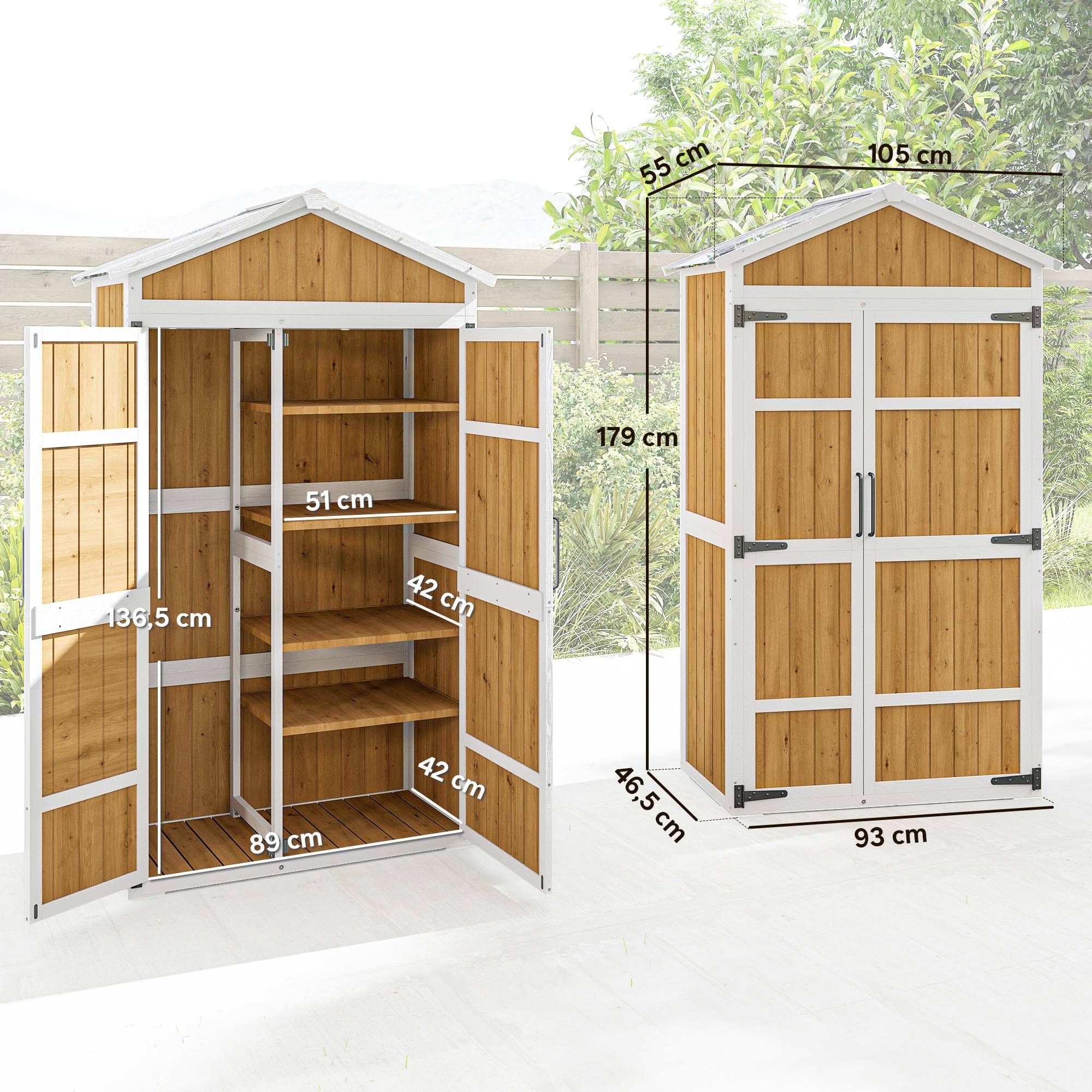 Armoire de Jardin Abri de Jardin Étanche avec Toit en Métal Double Porte pour Outils de Jardinage 105x55x179cm Naturel - Image 4