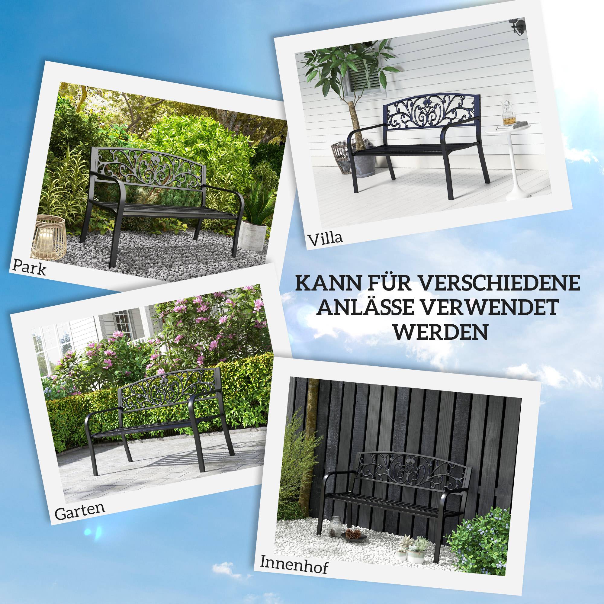 Banc de jardin en métal, motif floral, 2 places, charge maximale 240 kg, acier, 127 cm (L) x 60 cm (l) x 87 cm (H), noir - Image 8