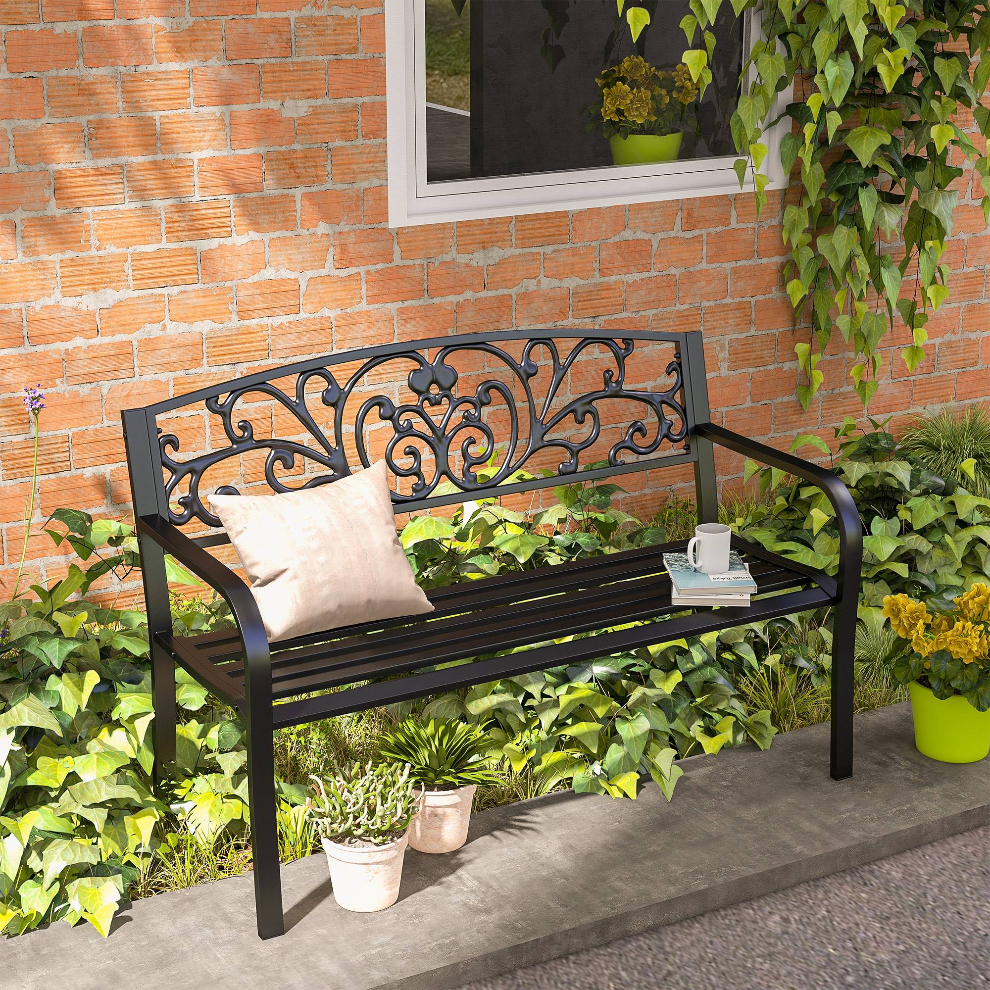 Banc de jardin en métal, motif floral, 2 places, charge maximale 240 kg, acier, 127 cm (L) x 60 cm (l) x 87 cm (H), noir - Image 3
