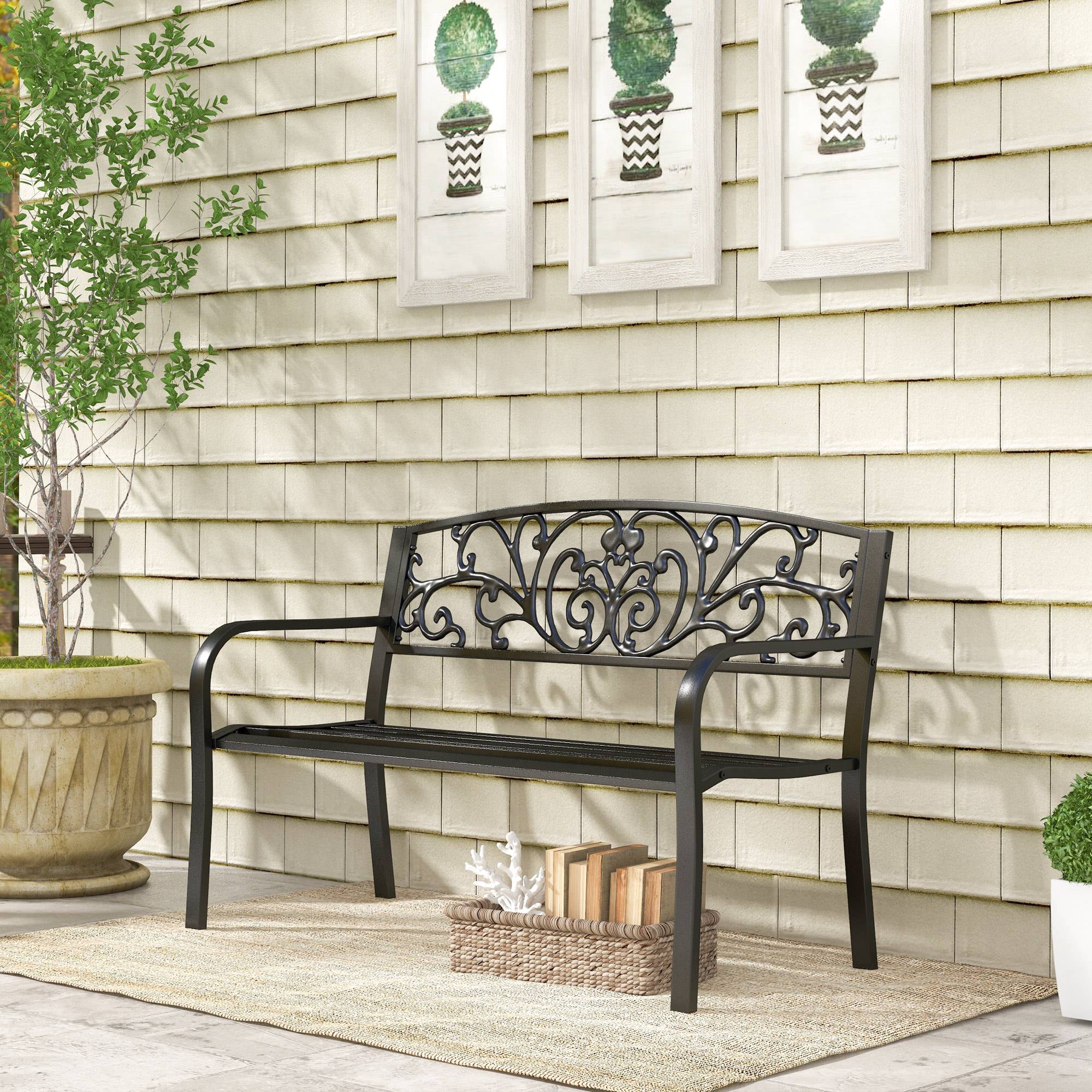 Banc de jardin en métal, motif floral, 2 places, charge maximale 240 kg, acier, 127 cm (L) x 60 cm (l) x 87 cm (H), noir - Image 4