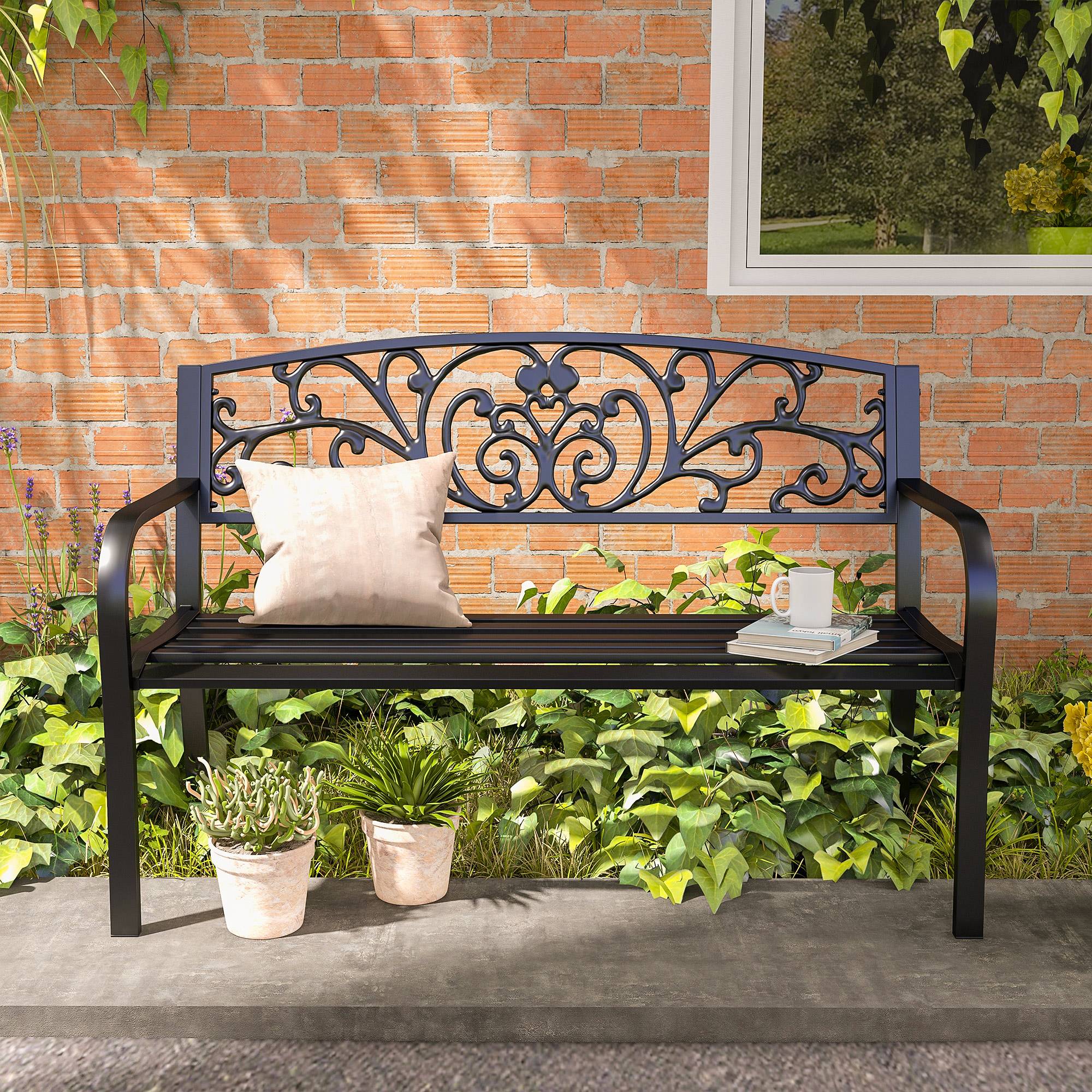 Banc de jardin en métal, motif floral, 2 places, charge maximale 240 kg, acier, 127 cm (L) x 60 cm (l) x 87 cm (H), noir - Image 9