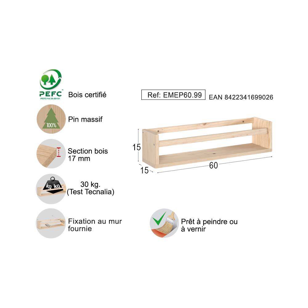 Étagère avec barre centrale en pin Kit Line 60 cm - Image 3
